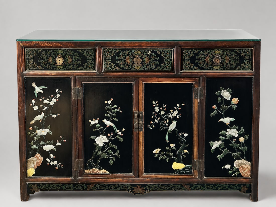 A Vintage Chinese Hardstone-Inlaid Chinoiserie Black Lacquer Cabinet (1 of 18)