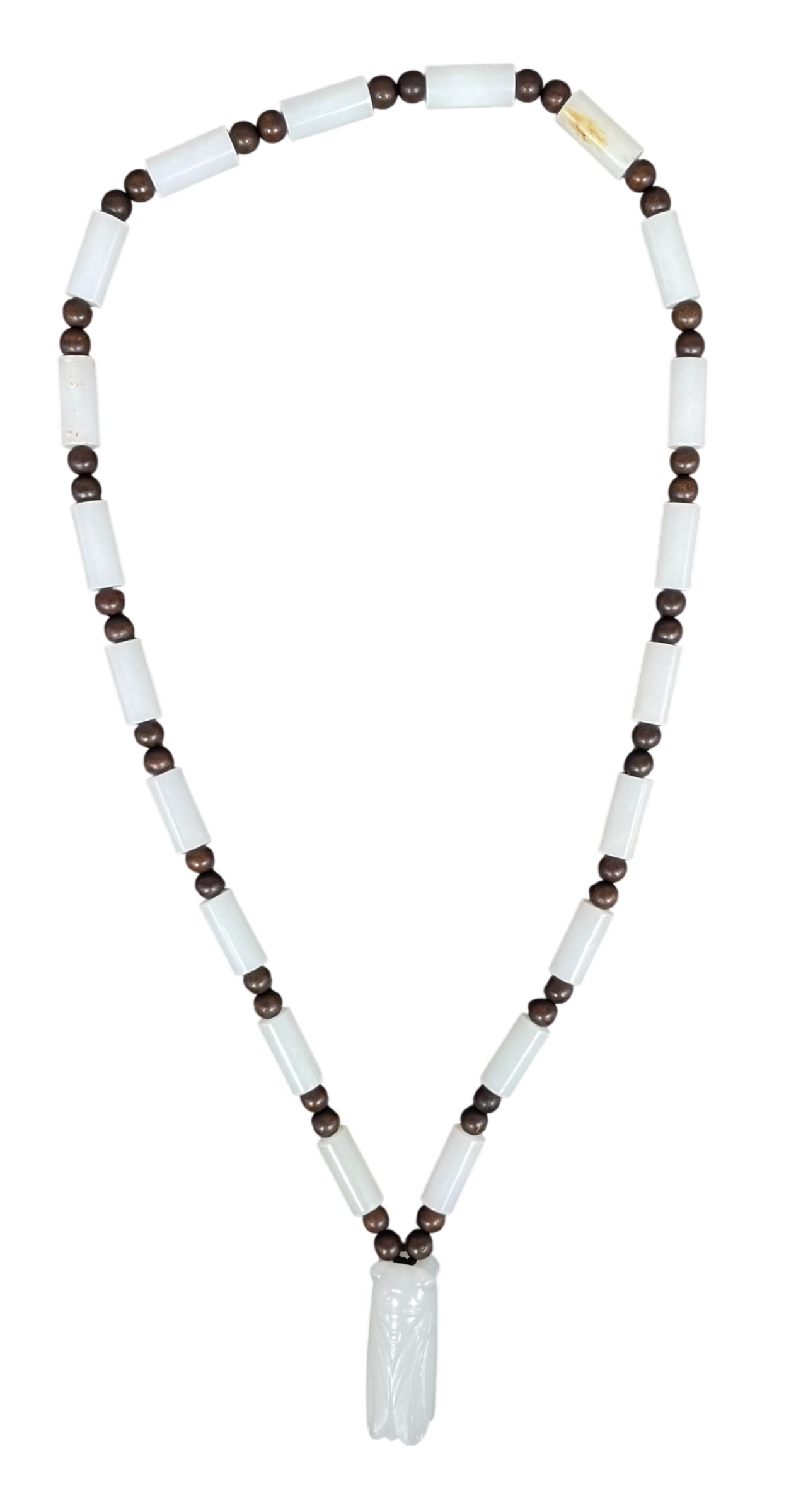 A Chinese Carved White Jade and Wood Beaded Necklace: With a white jade carving of a cicada as pendant. The pendant measures 2 in. long, 3/4 in. wide; 30 in. long for the necklace.