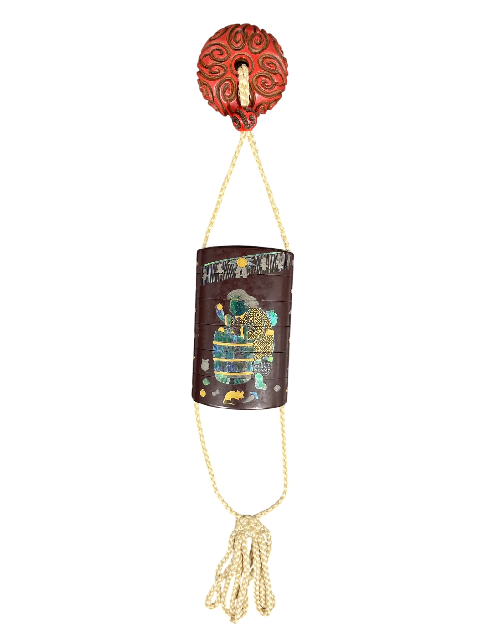 A Japanese Gold and Mother-of-Pearl-Inlaid Multi-Compartment Lacquer Inro: 3.1/8 in. long, 2 in. wide for the inro.
