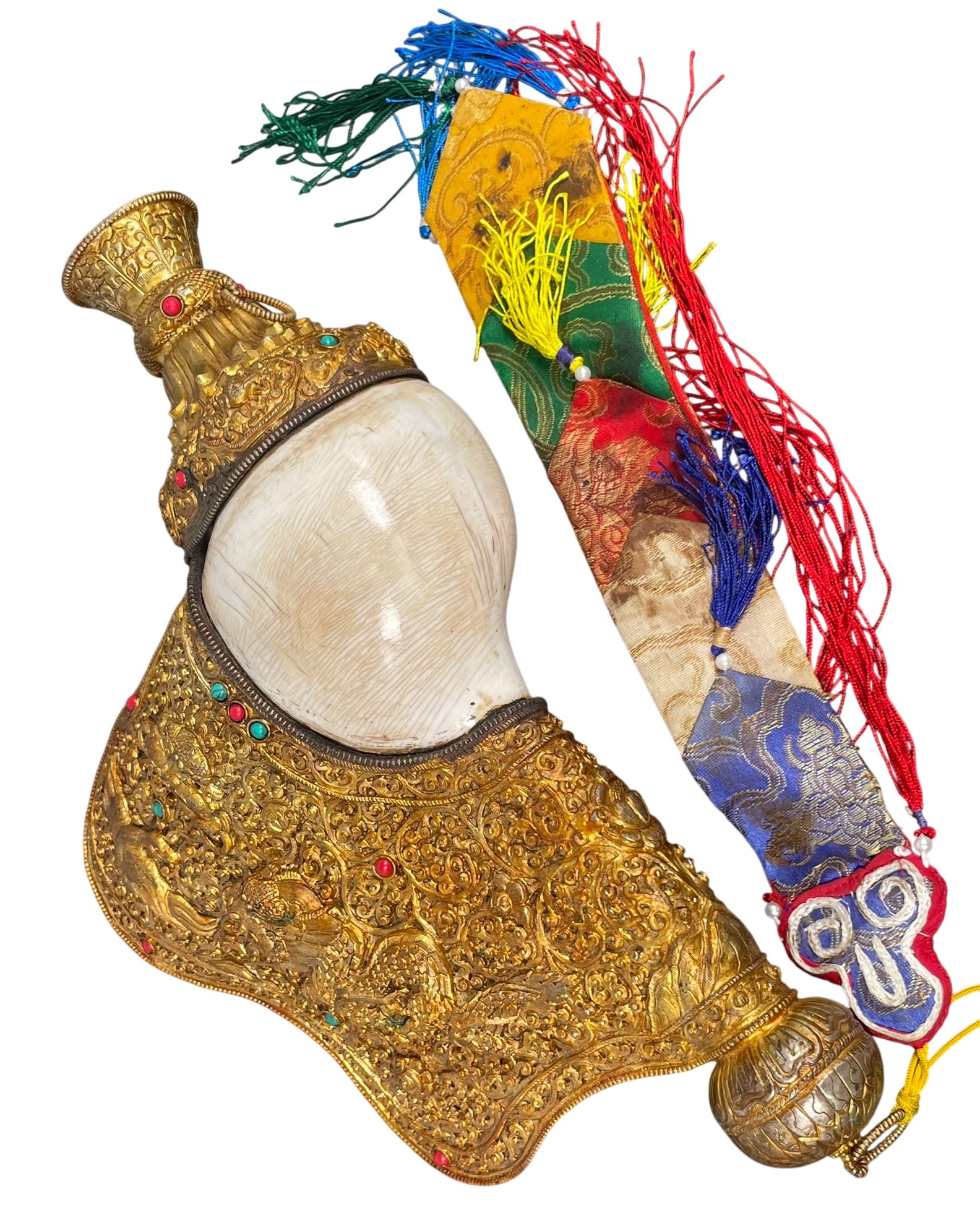 A Large Tibetan Ritual Conch Shell Trumpet with Chased Gilt Copper Mount: 13.1/2 in. high, 9 in. wide.