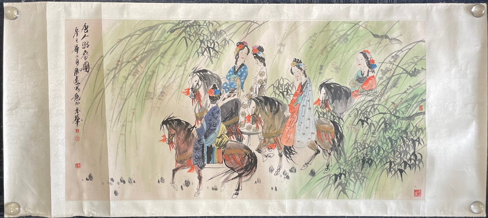 A Chinese Painting of Tang Ladies Travelling, a Signature Feng Yuan: Ink and color on paper. Feng Yuan (b. 1952) is a renowned contemporary Chinese painter, art educator, and professor, best known for his figure paintings. Born in Shanghai, he enrolled in the graduate 