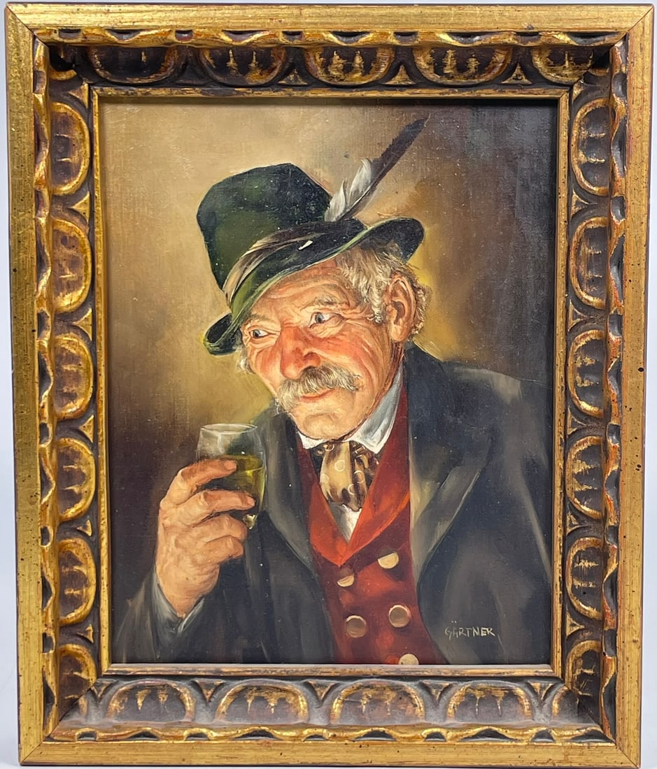 A Painting 'A Bavarian Gentleman Drinking a Glass of Wine', a Signature 'Gartner': Oil on canvas, a signature 'Gartner' to the bottom right. 12.1/4 in. x 10 in. overall including the frame.
