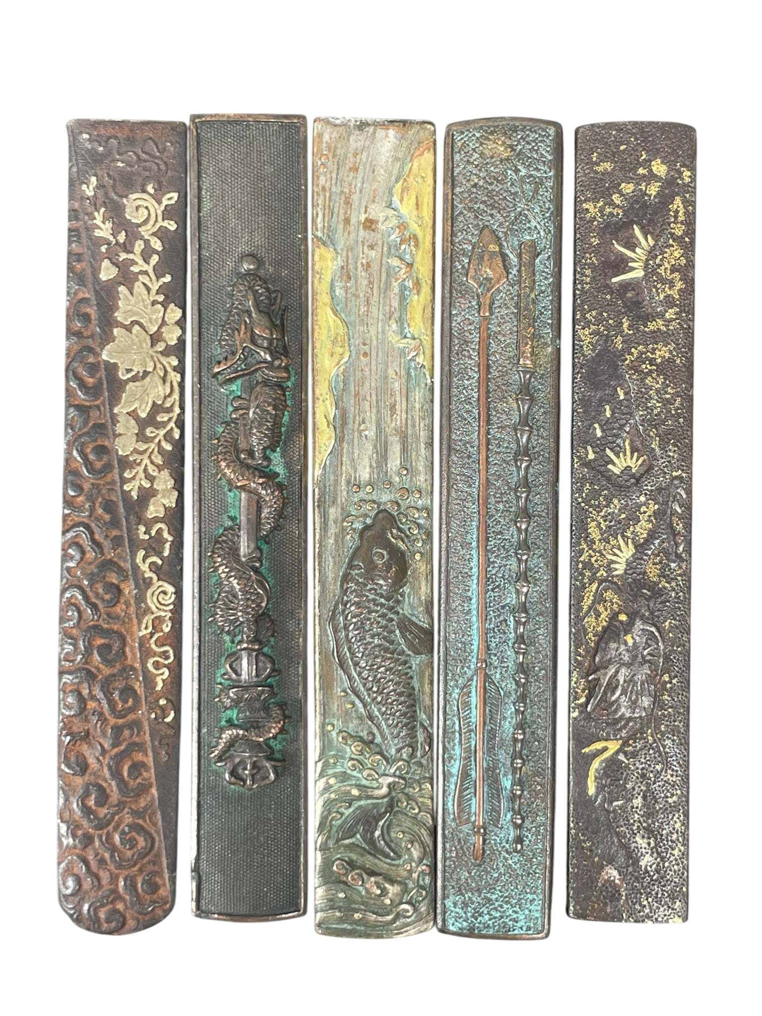 A Group of Five Japanese Knife Handles, Kozuka: 3.3/4 in. long, 1/2 in. wide.