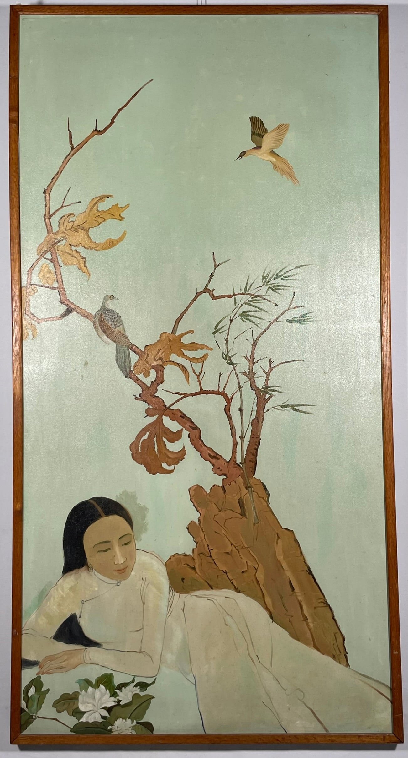 A Vietnamese Painting of a Lady in Garden, Unknown Artist, 20th Century: Oil on canvas, unknown artist. Provenance: Property of a Bernardsville NJ Collection. 55.1/4 in. x 29 in. overall including the frame. A Private Collection of a Retiring University Professor.