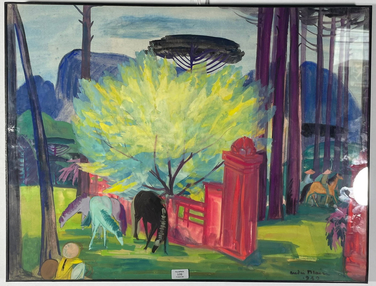 A French Painting 'Three Horses Near a Red Fence', Andre Maire, 1949 (1 of 11)