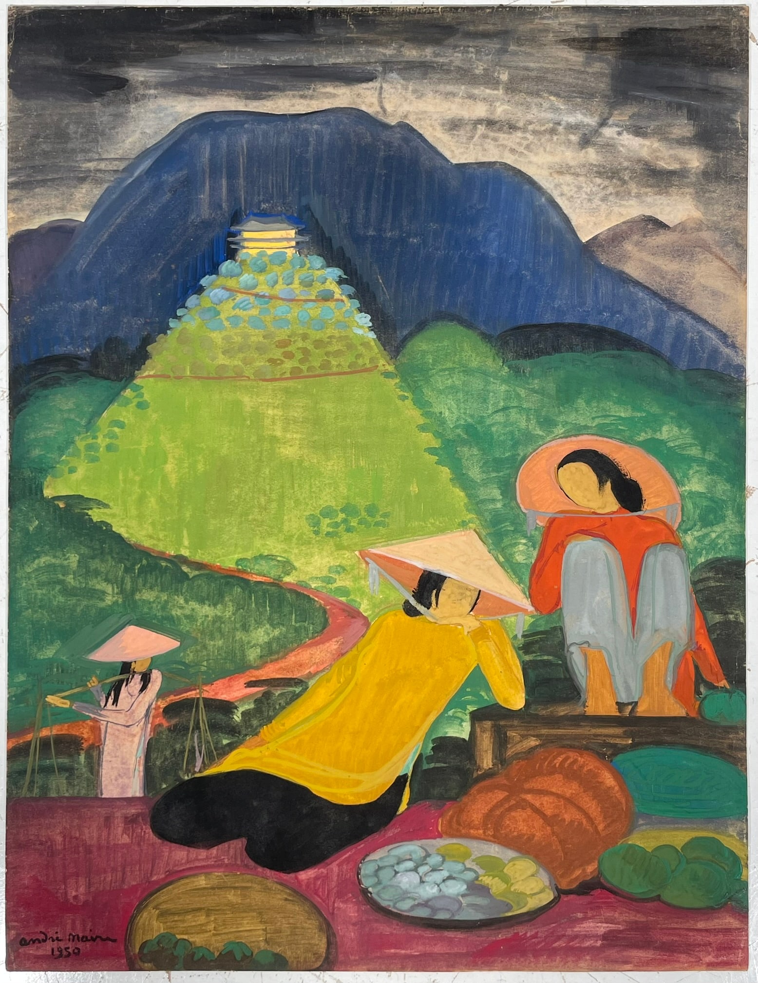 A French Painting 'Vietnamese Landscape with Market Women', Andre Maire, 1950 (1 of 11)