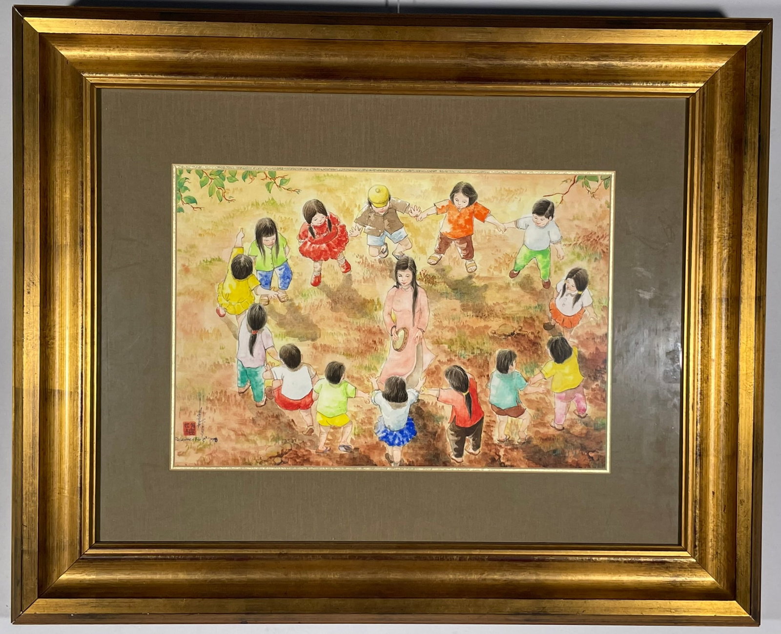 A Vietnamese Painting of Children Circle Dance at Palawan Refugee Camp, Signed by the Artist,: Signed and dated by the artist on the bottom left. 16 in. x 11 in. (sight), 27 in. x 22 in. (frame). A Private Collection of a Retiring University Professor.