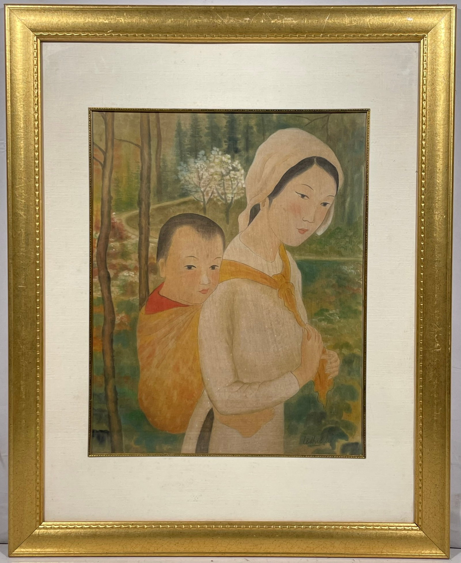 A Vietnamese Painting of Mother and Son, Attributed to Le Thi Luu: A signature Le Thi Luu to the bottom right. Le Thi Luu (1911-1988) was a pioneering Vietnamese painter known for her elegant silk and oil paintings and is widely regarded as one of the first prominent