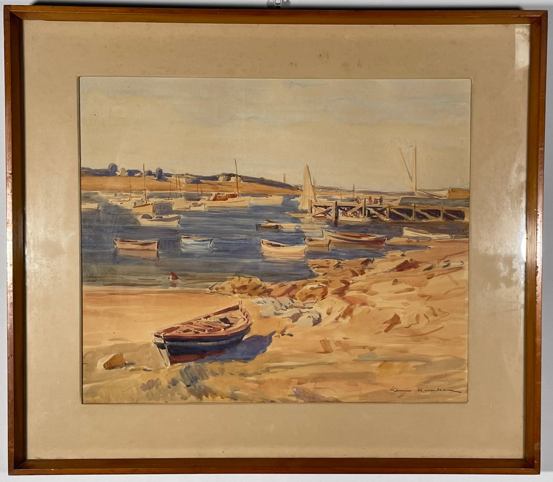 A French Painting of Boats in Port,: Watercolor on paper, signed by the artist to the bottom right. 20.1/2 in. x 17.1/4 in. (sight), 27.1/2 in. x 24 in. (frame). A Private Collection of a Retiring University Professor.
