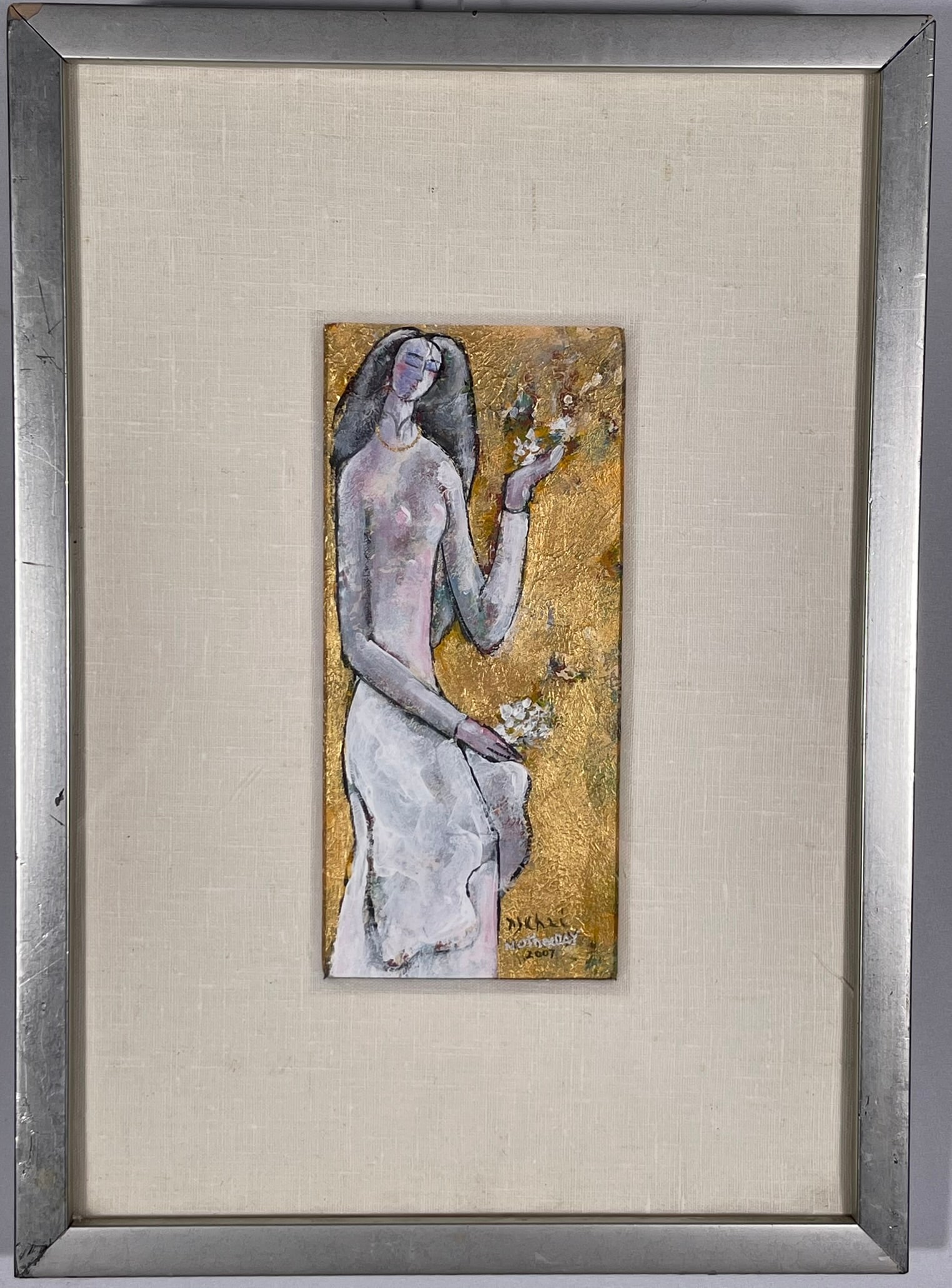 A Painting of a Lady, Nguyen Khai, 2007: Mixed media. A signature of the artist and a date to the bottom right. Nguyen Khai (Khai Buu), born in Hue, Vietnam, in 1940, graduated from the National School of Fine Arts in 1963. He was a founding
