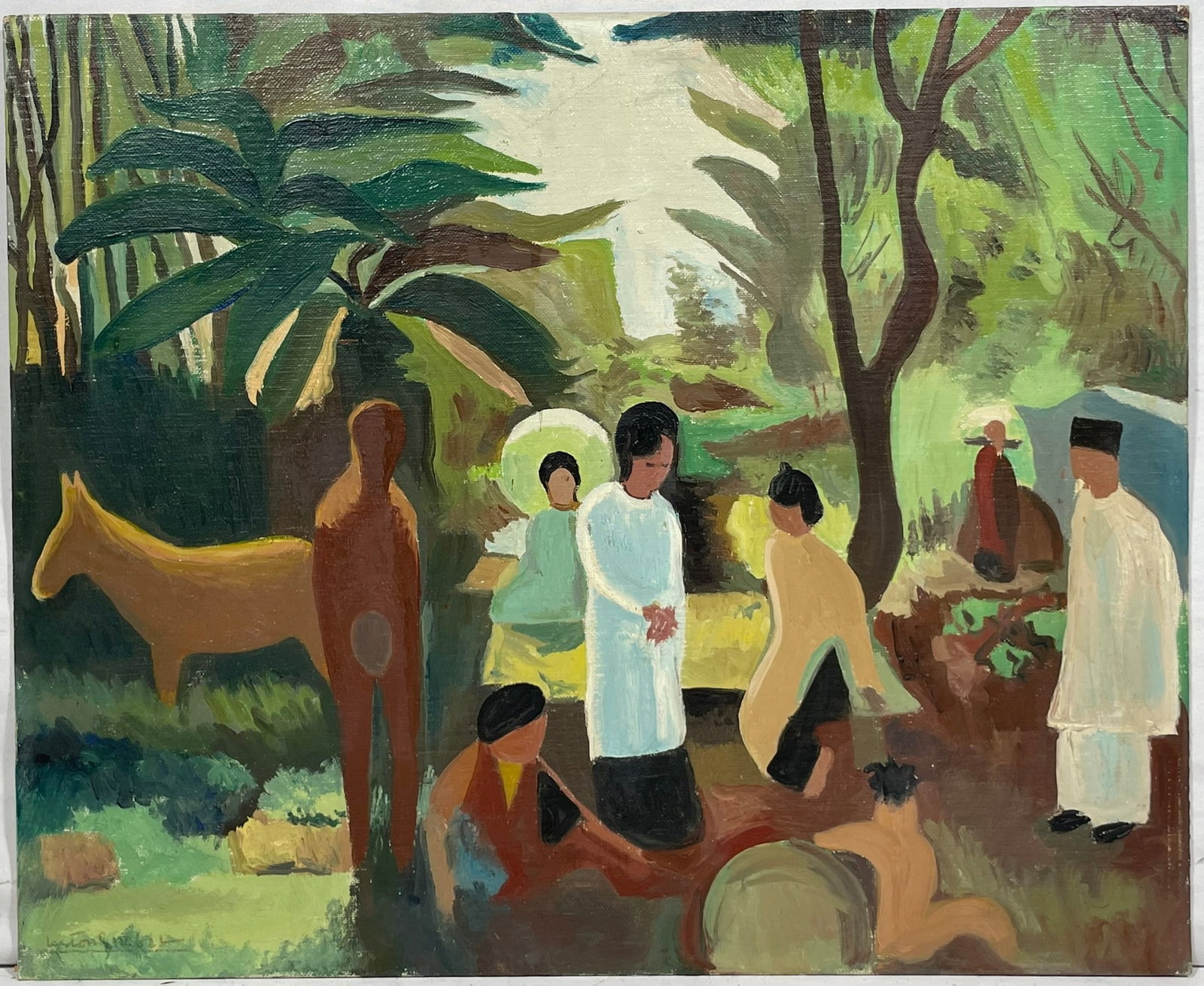 A French Painting 'Scene of Annamite Life around Hanoi', Gaston Girbal: Oil on board. A signature of the artist to the bottom left. Gaston Girbal (1888?1978) was a French painter and illustrator best known for his theatrical and entertainment posters. He created designs a