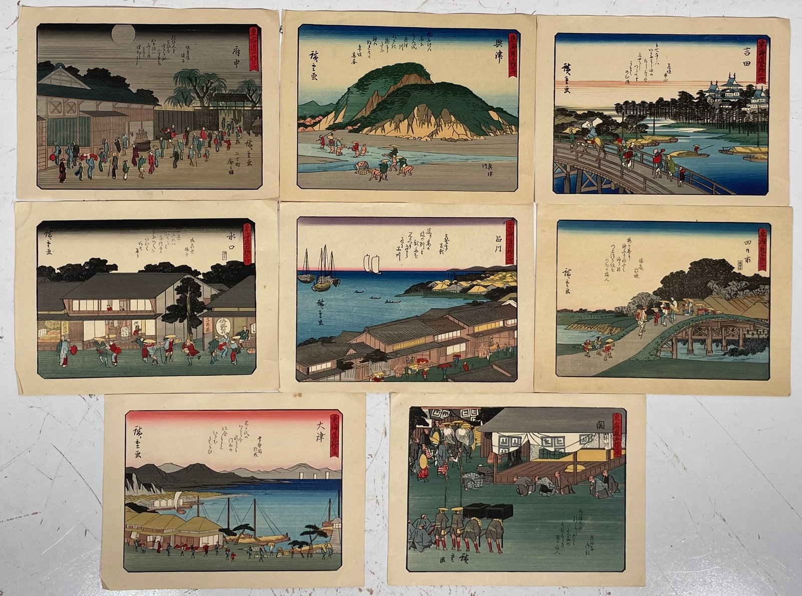 A Group of Eight Japanese Prints, The Fifty-Three Stations of the Tokaido Series: The Fifty-Three Stations of the Tokaido, in the Hoeido edition, is a series of prints created by Utagawa Hiroshige after his first travel along the Tokaido in 1832. The Tokaido road, linking the shogu