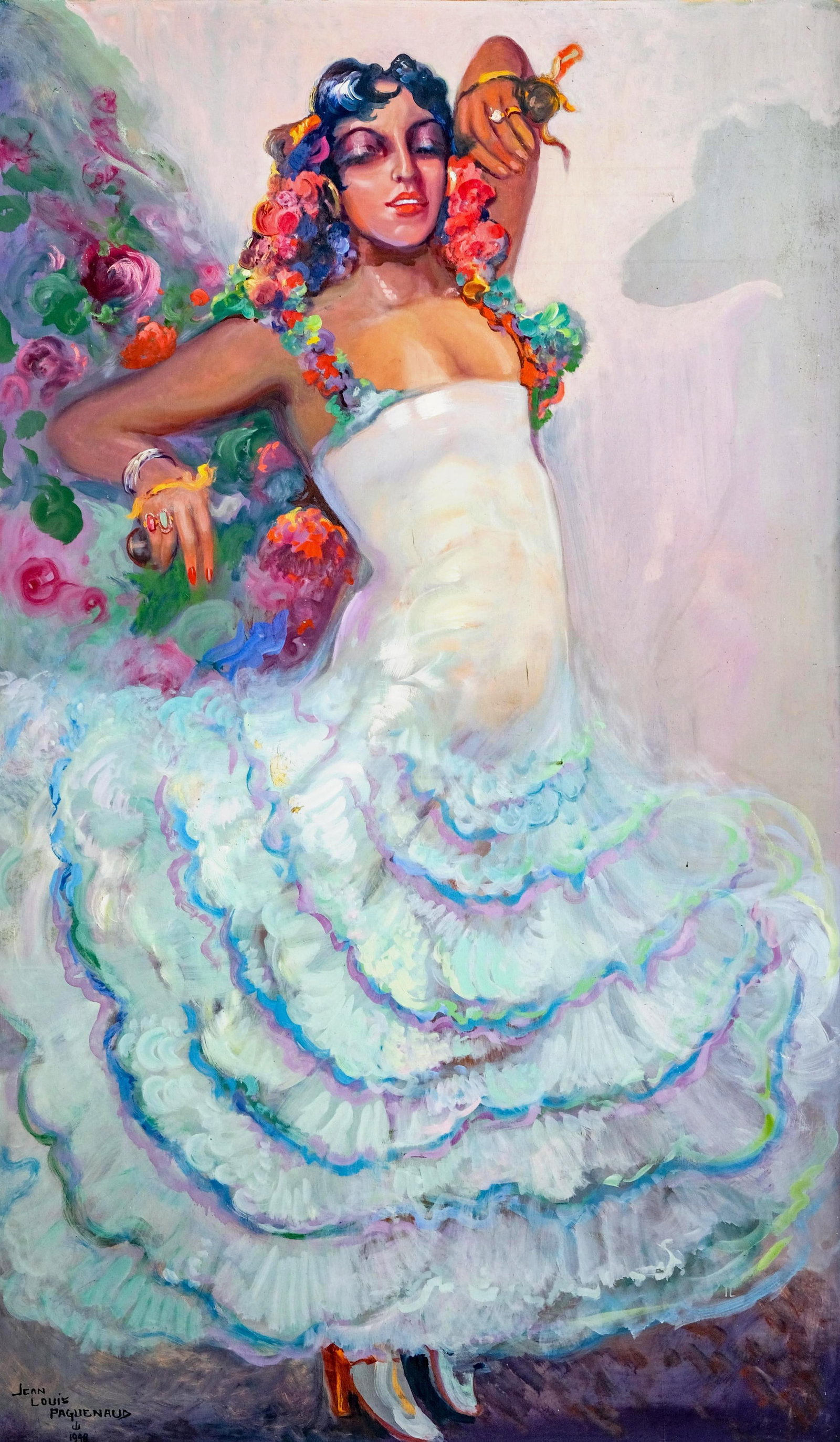 A Painting 'Flamenco Dancer', Monumental Jean-Louis Paguenaud, 1948: Oil on Panel, signed and dated by the artist to the bottom left.Jean-Louis Paguenaud (1876-1952) was a French painter and official painter of the French Navy. Born in the Limousin region and raised in
