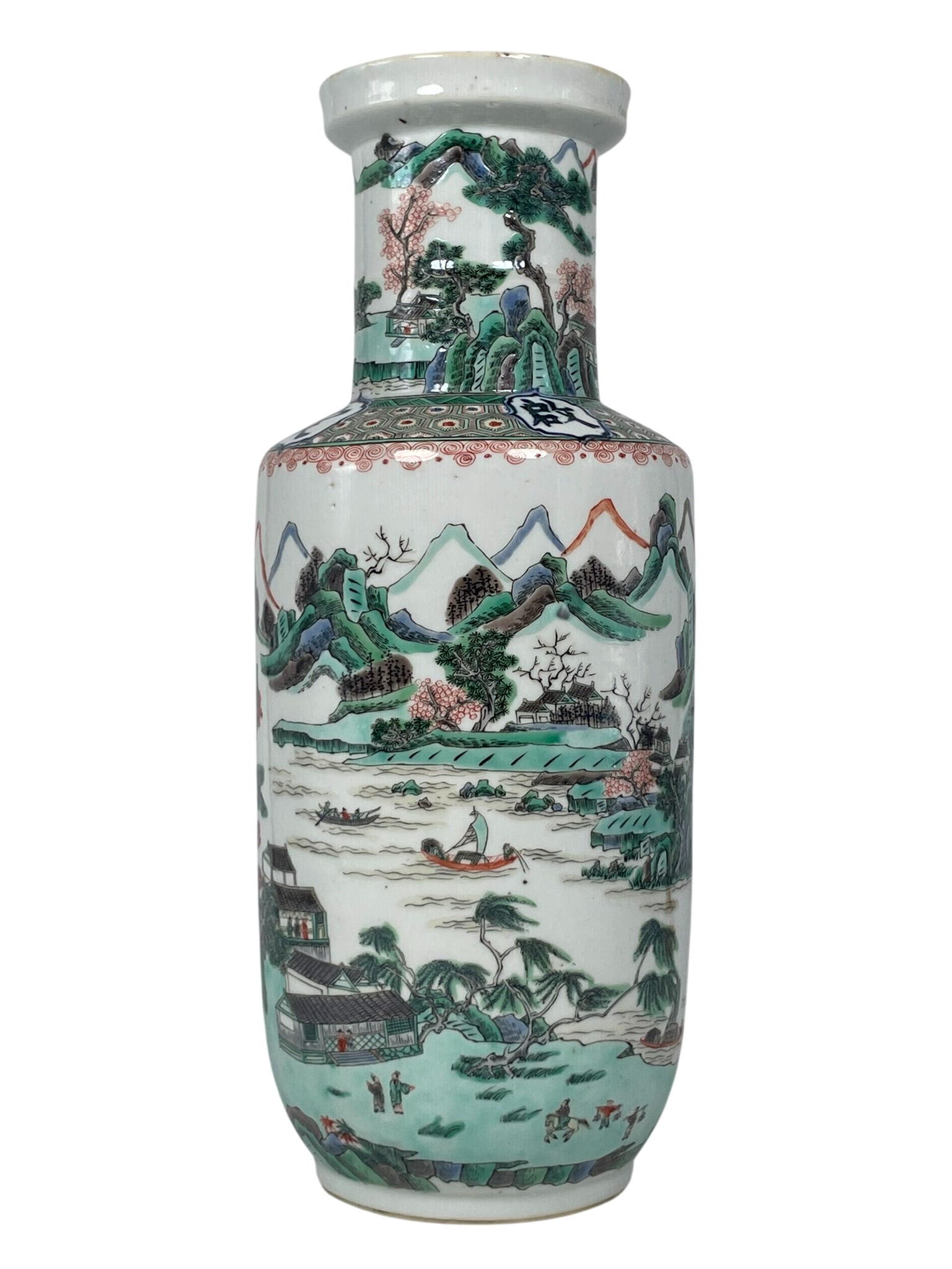 A Vietnamese Famille Verte Wucai 'Landscape' Porcelain Vase, Khai Dinh Mark: 11 in. high, 4.1/2 in. wide.