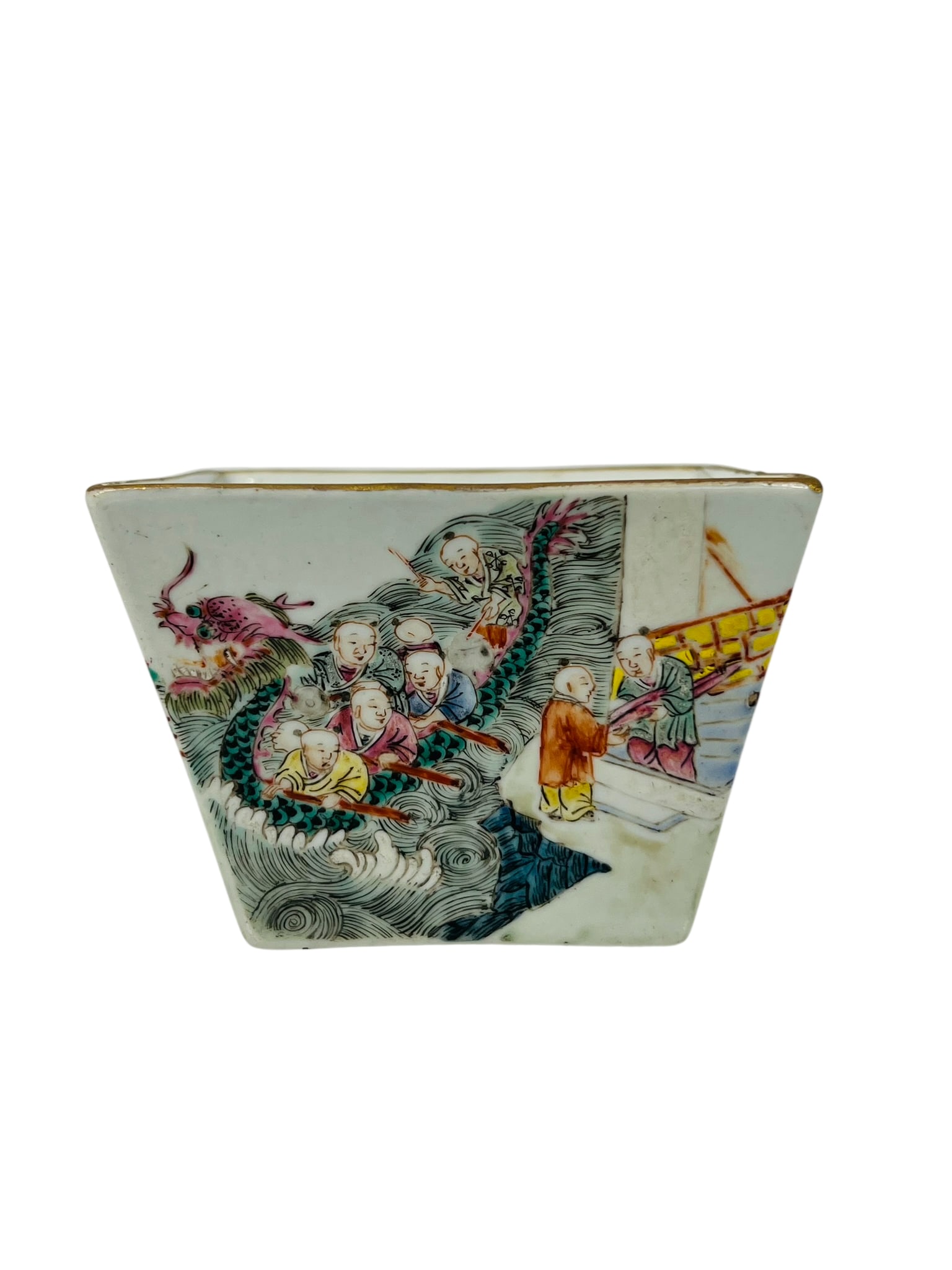 A Chinese Famille Rose 'Figural' Porcelain Square Cup, Xianfeng Period, Qing Dynasty: 2.3/4 in. high, 3.7/8 in. wide.