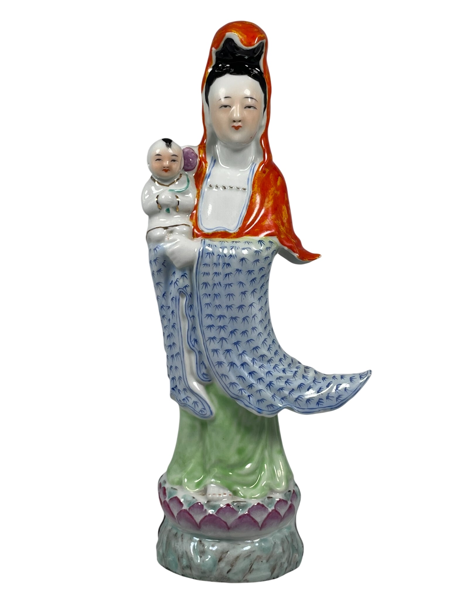A Chinese Famille Rose Porcelain Figure of Guanyin Holding a Child, Li Shengtai Mark: A Li Shengtai mark to the bottom. 14 in. high, 5.3/4 in. wide.