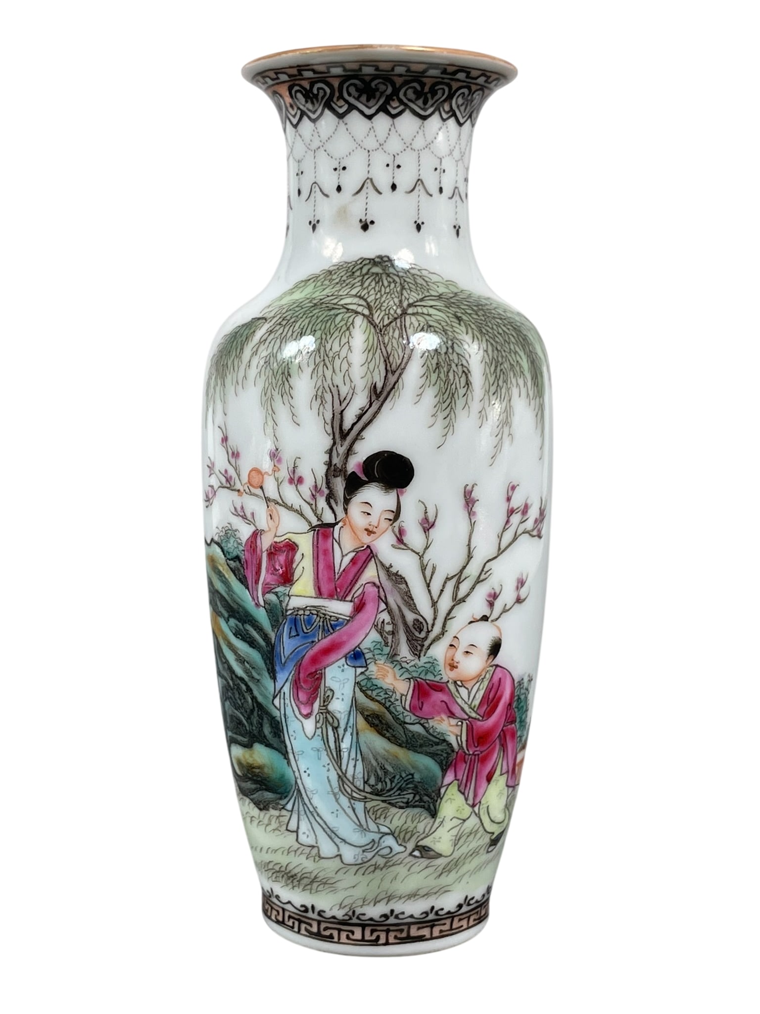 A Chinese Small Famille Rose 'Mother and Boy' Porcelain Vase, 20th Century: An apocryphal Qianlong mark to the bottom. 5.1/2 in. high, 2.1/4 in. wide.