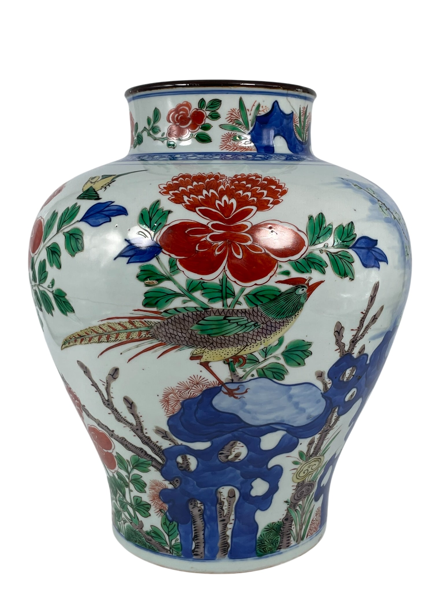 A Chinese Famille Verte 'Pheasant and Peony' Jar, Kangxi: 12.3/4 in. high, 10 in. wide.