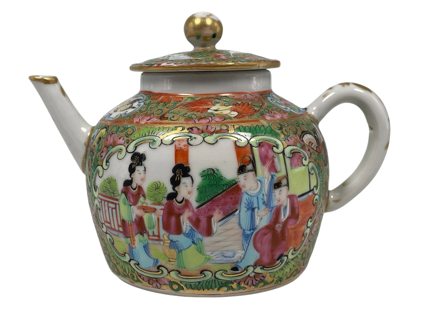 A Chinese Famille Rose Gilt-Decorated 'Medallion' 'Figural' Porcelain Teapot and Cover: 4.1/4 in. high, 6 in. wide.