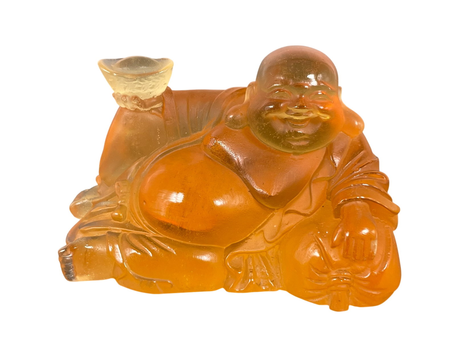 A Handcrafted Amber-Colored Glass Figure of Budai, Daum France Mark (1 of 9)