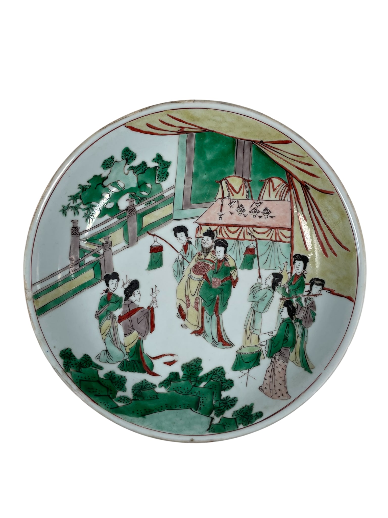 A Chinese Large Famille Verte Wucai 'Figural' Dish, Kangxi Period, Qing Dynasty: 2.1/8 in. high, 10.3/4 in. diam.