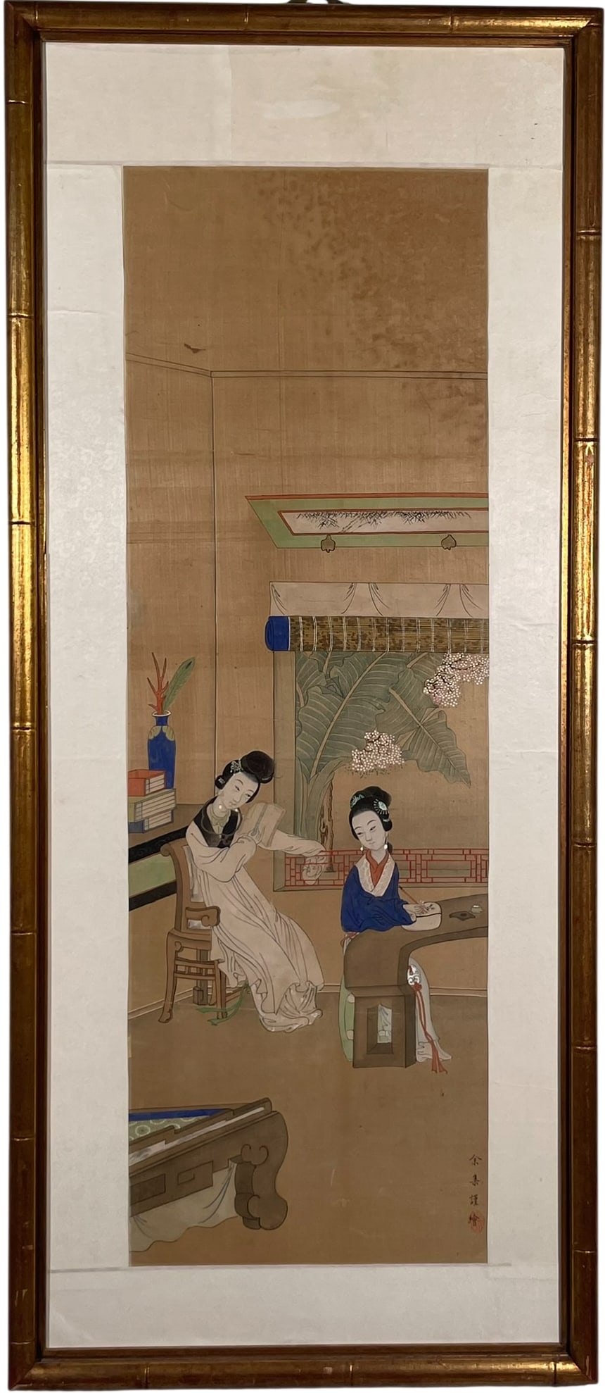 A Chinese Painting of Court Ladies, after Yu Ji: Ink and color on silk, after Yu Ji. 37.3/4 in. x 12.1/2 in. for the painting, 47 in. x 20.1/4 in. overall including the frame.
