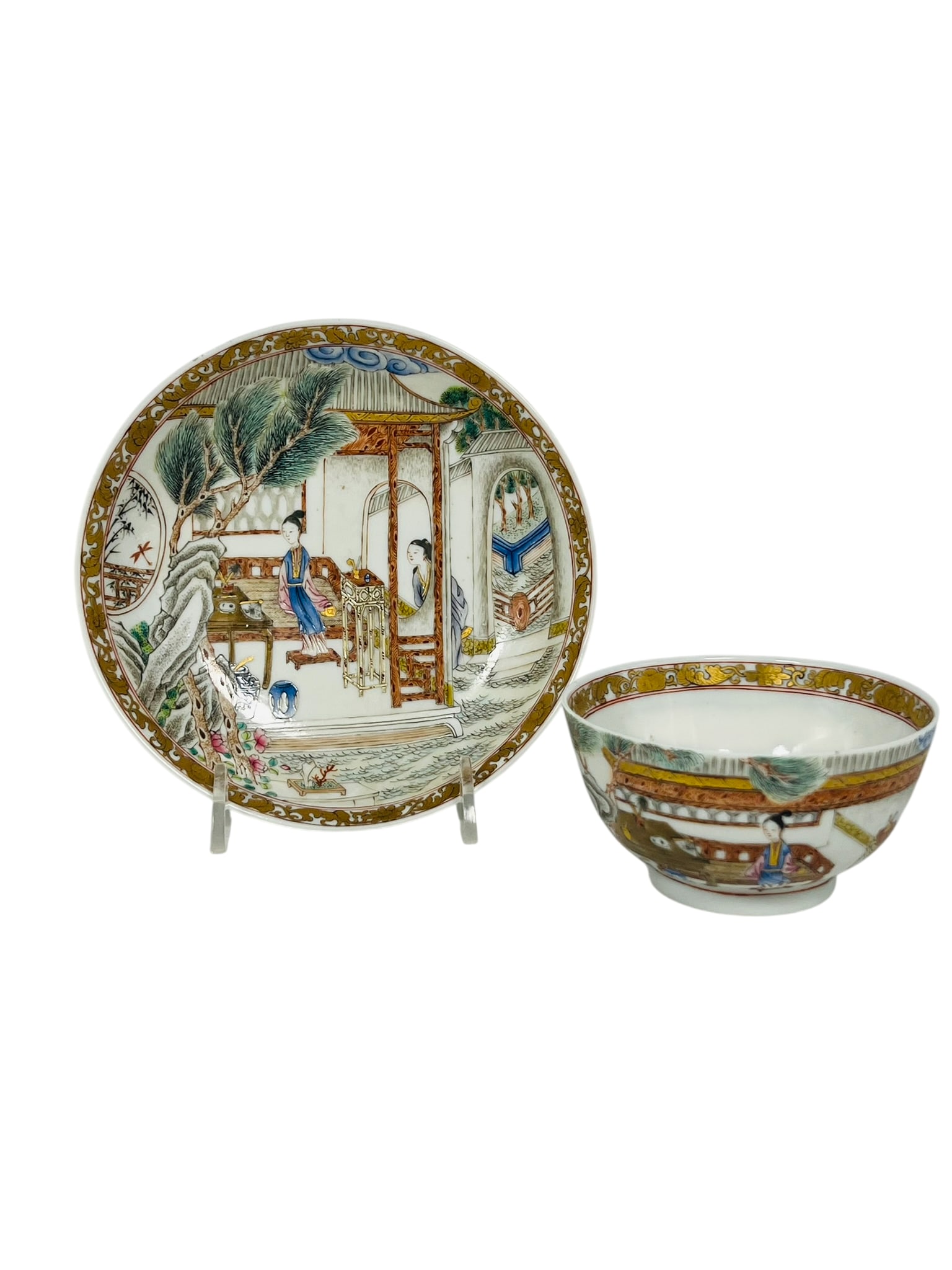 A Chinese Export Famille Rose 'Ladies' Cup and Saucer Set: 5.1/2 in. diam. for the saucer, 3.5 in. diam. for the cup.