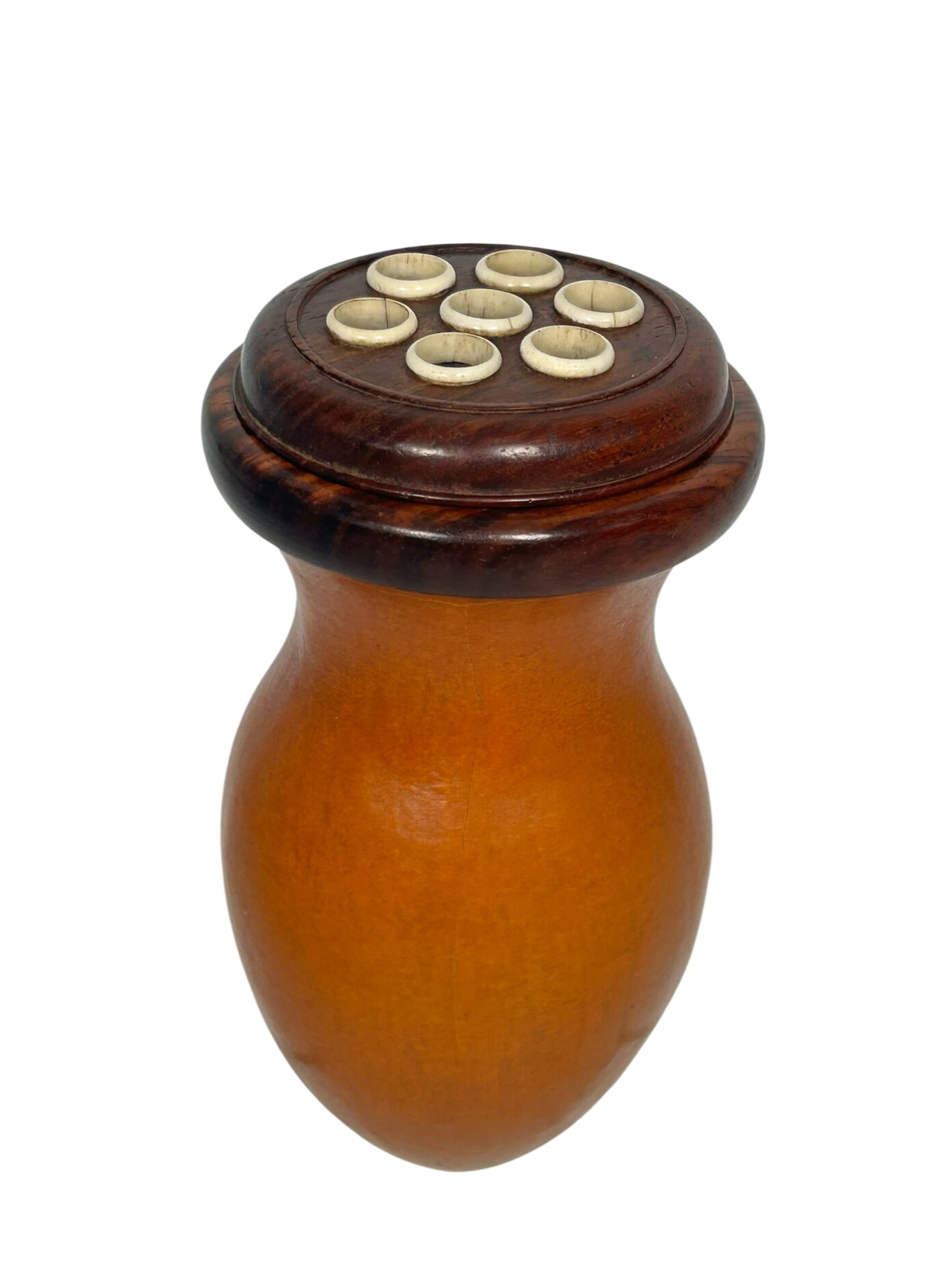 A Chinese Antique Carved Organic Gourd Cricket Box: The polished natural gourd body fitted with a dark hardwood collar and a removable pierced cover inset with seven circular mounts, the interior retaining a traditional wire-spiral cricket perch, accom
