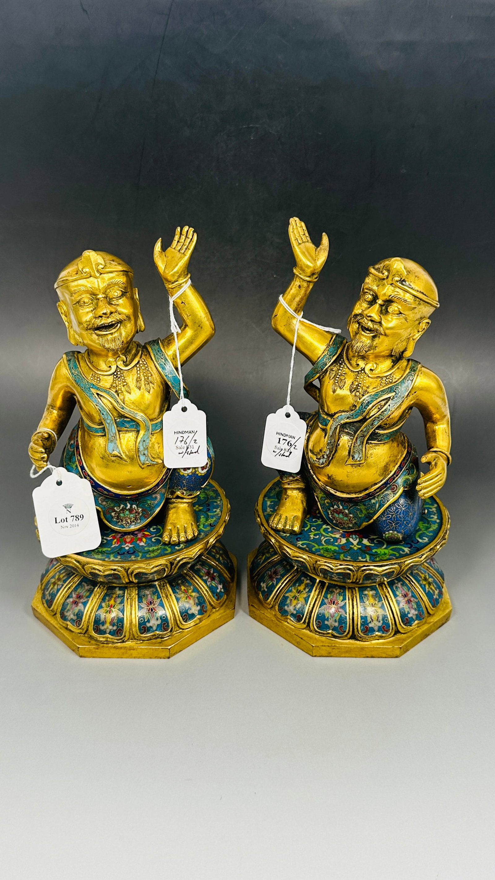 Freeman?s/Hindman Provenance: Pair of Chinese Gilt Bronze and Cloisonne Enamel 'Foreigners' Stand (1 of 19)