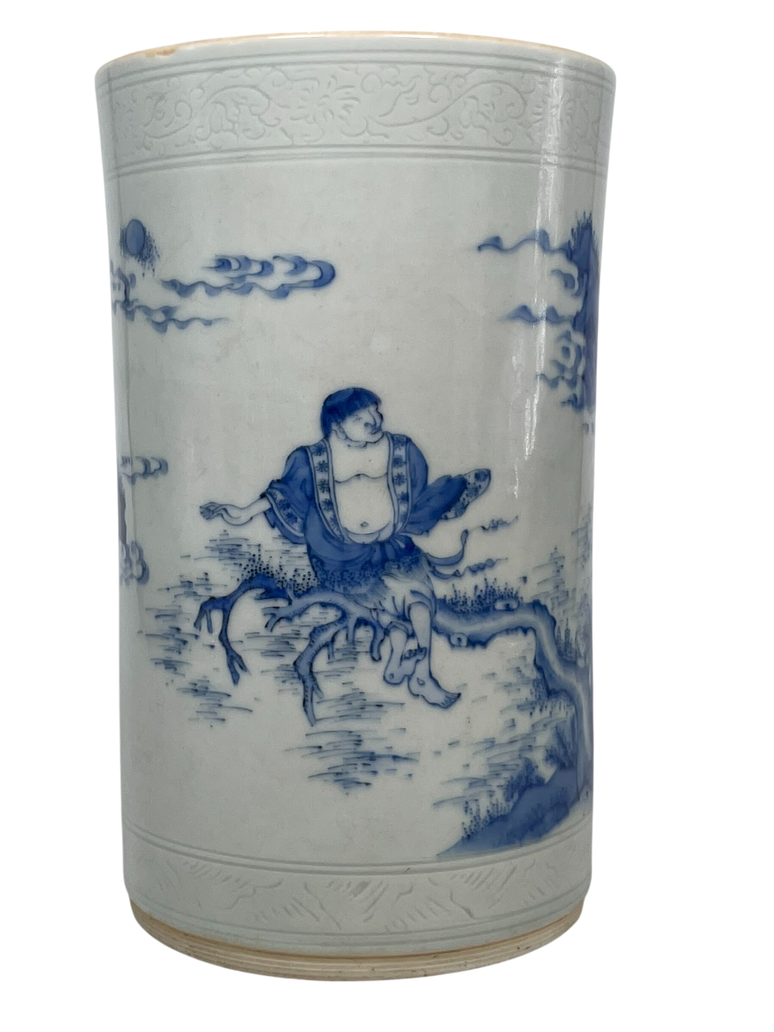 A Chinese Blue and White 'Liuhai and Toad' Porcelain Brush Pot, Chongzhen Period, Ming Dynasty: 7 in. high, 4.1/4 in. diam.