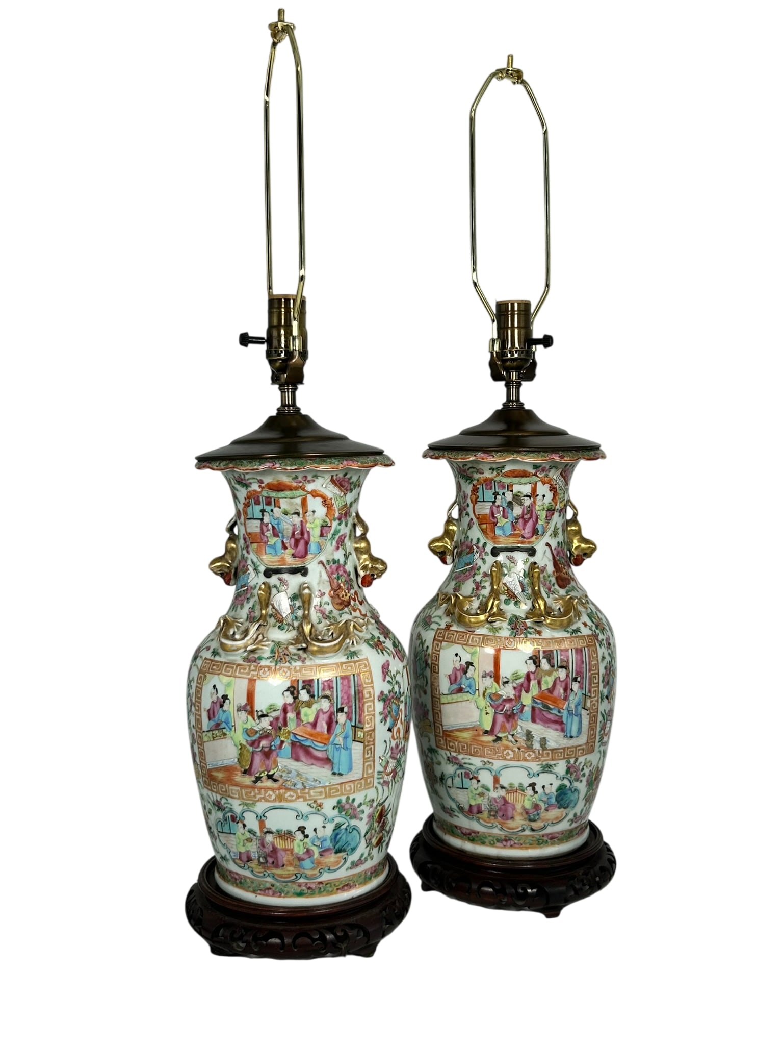 A Pair of Chinese Famille Rose Gilt-Decorated 'Figural' Vases, Mounted as Lamps, 19th Century (1 of 17)