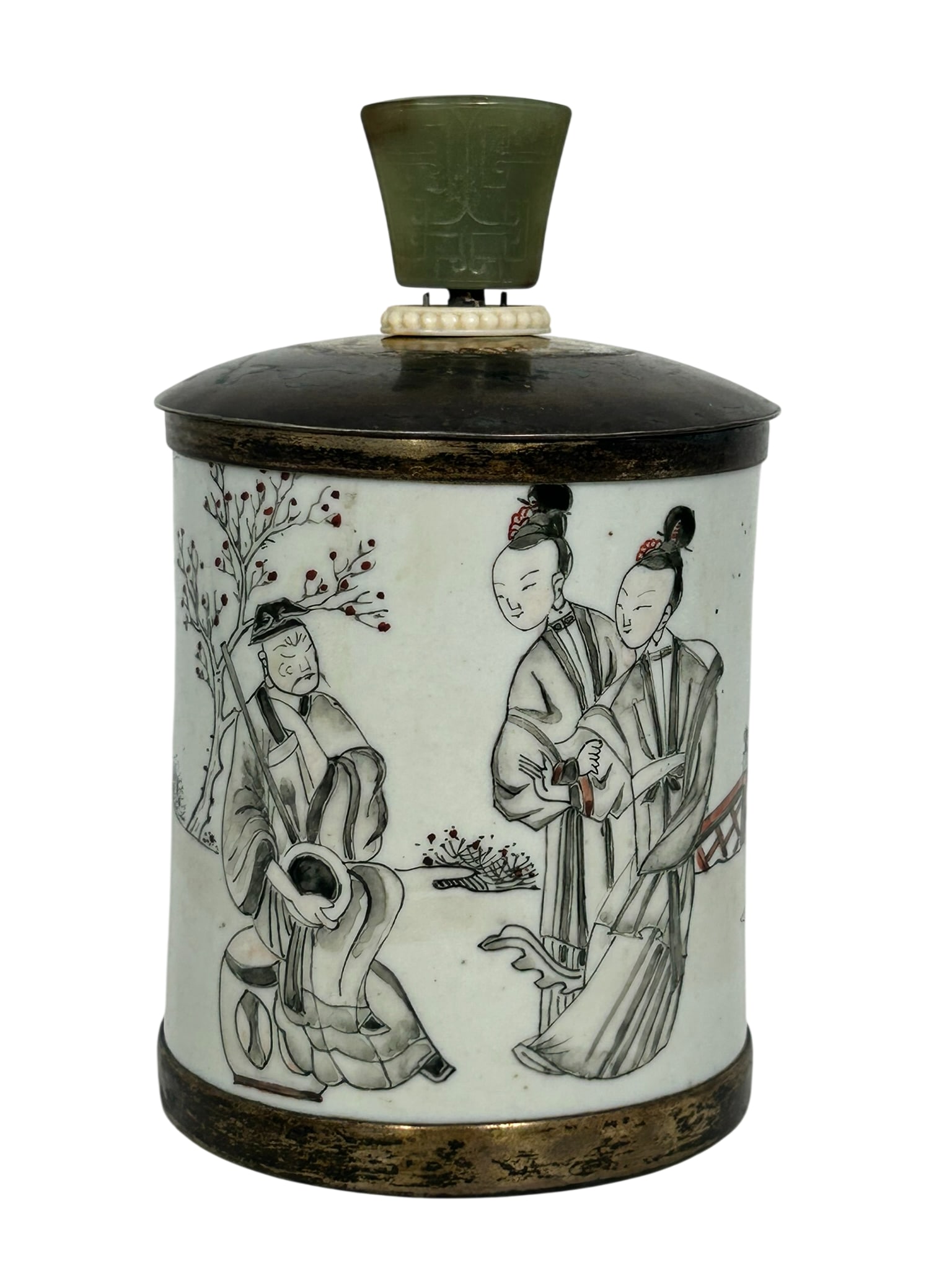 A Chinese Grisaille-Decorated Brush Pot with Brass Cover: 6.1/4 in. high, 4 in. wide.