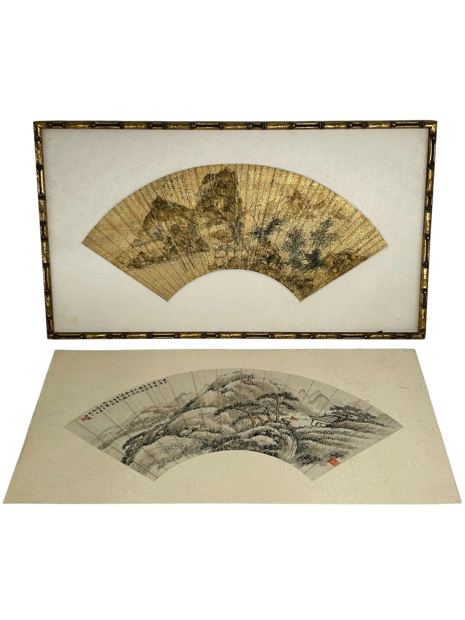 Two Chinese Painted Fan Leaves: 25 in. x 14 in. each overall including the frame.