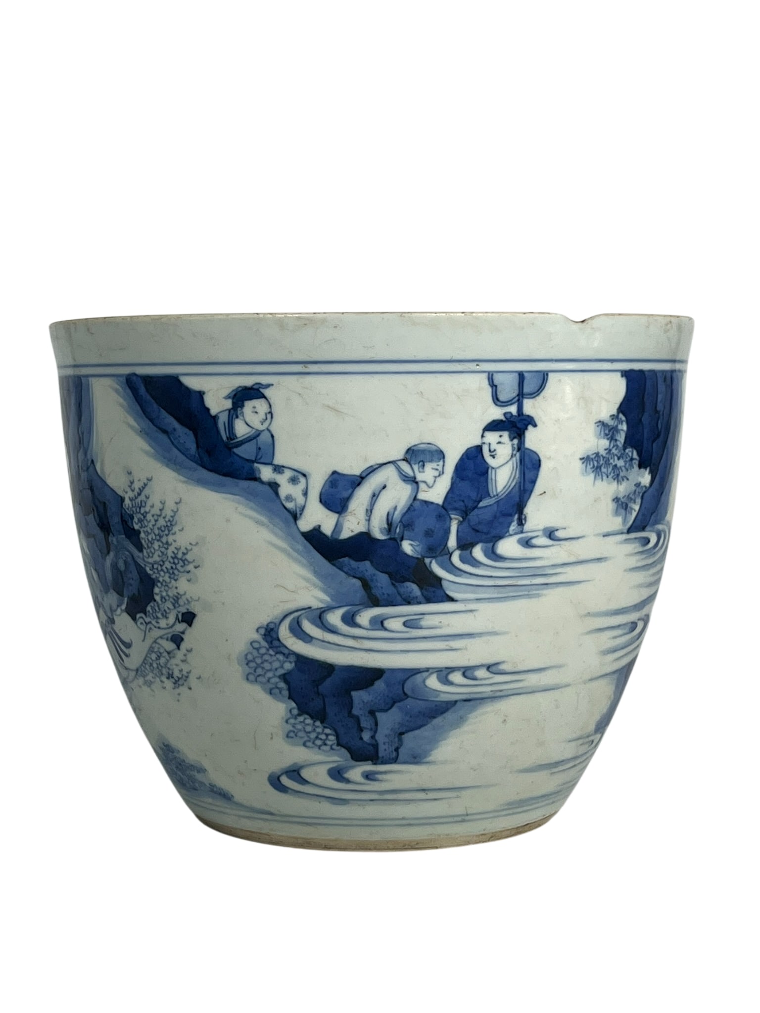 A Chinese Blue and White 'Figural' Porcelain Jardiniere, Kangxi Period, Qing Dynasty: 6 in. high, 7.1/2 in. diam.