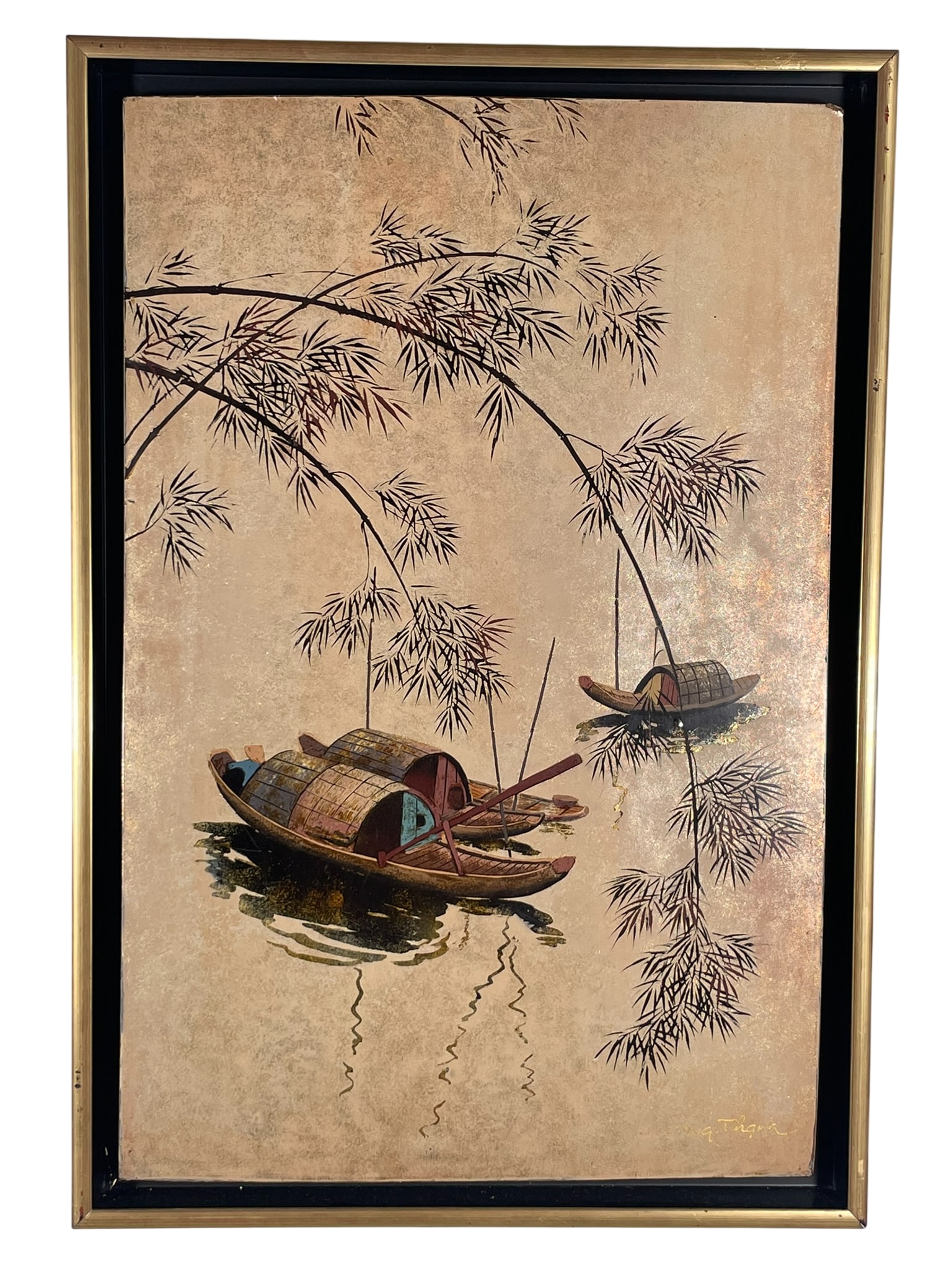 A Vietnamese Lacquer Painting (Son Mai) of Fishing Boats: 25.1/2 in. x 17.1/2 in. overall including the frame.