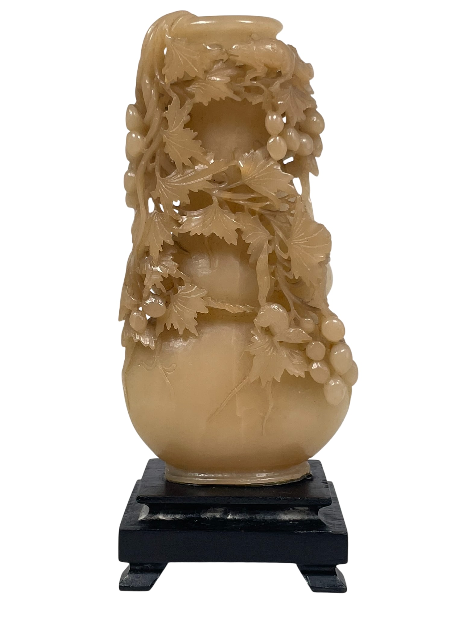 A Chinese Carved Soapstone Stone 'Squirrel and Grapes' Vase: With a wood base. 6.1/8 in. high, 2.5/8 in. wide.