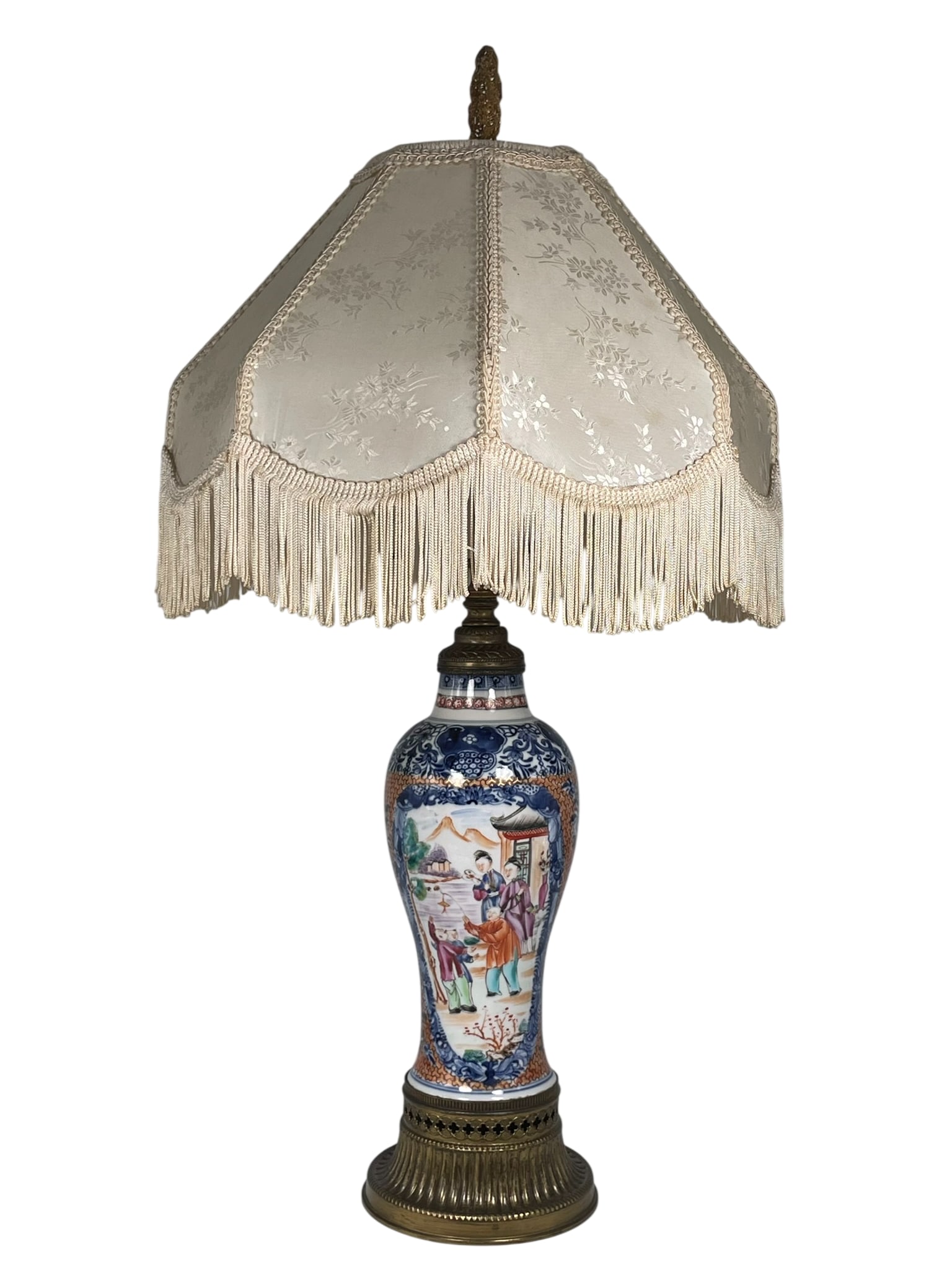 A Chinese Export Famille Rose 'Medallion' Vase, Mounted as a Lamp: 9.1/2 in. high, 4.1/2 in. wide for the vase; 26 in. high, 13 in. wide overall.