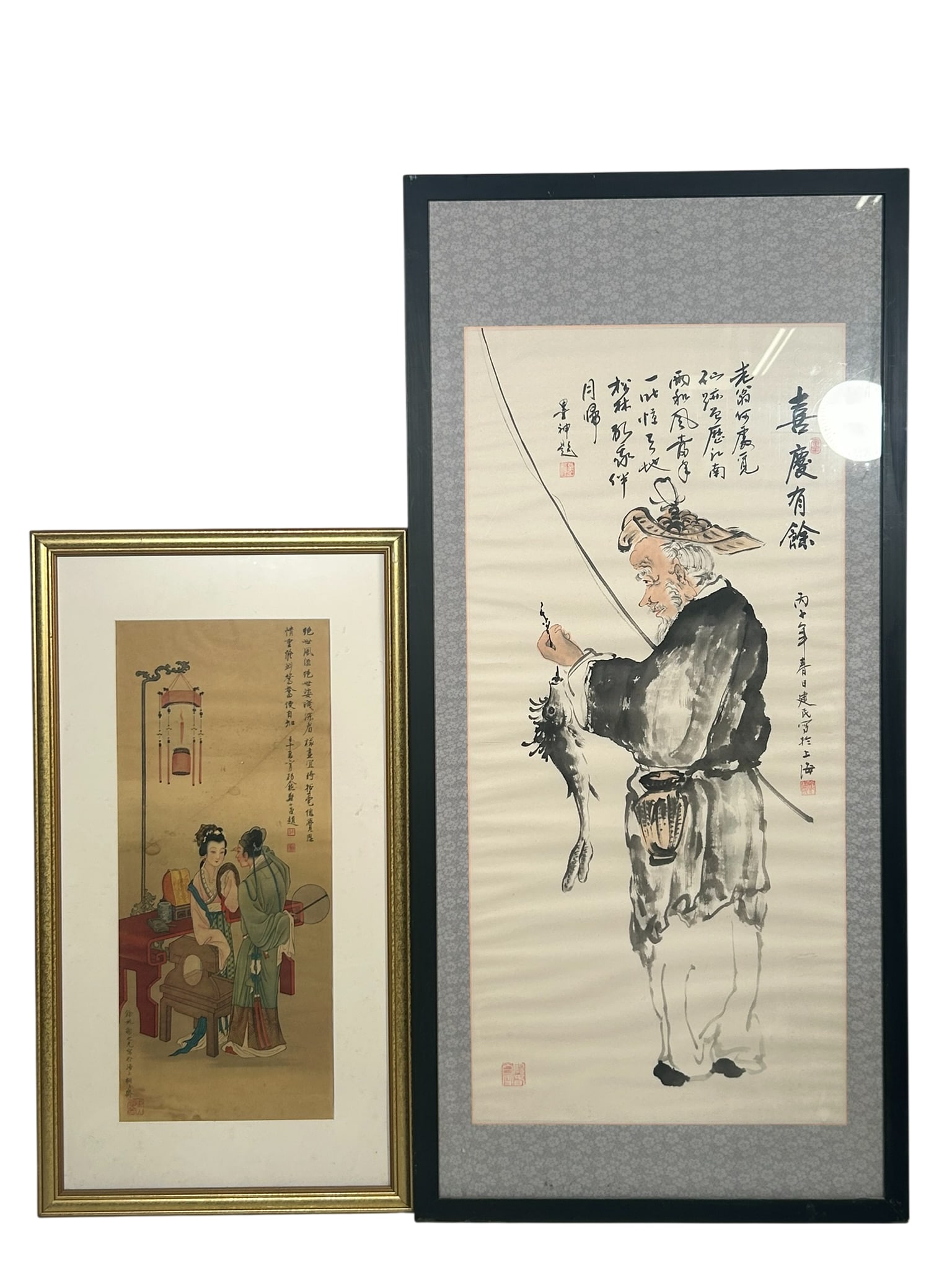Two Chinese Painting/Print: Comprising a painting of fisherman, Zheng Jianmin, Zheng Jianmin (b. 1956), originally from Zhejiang, is a Chinese calligrapher and Executive Vice Chairman of the Hong Kong International Chinese Calli
