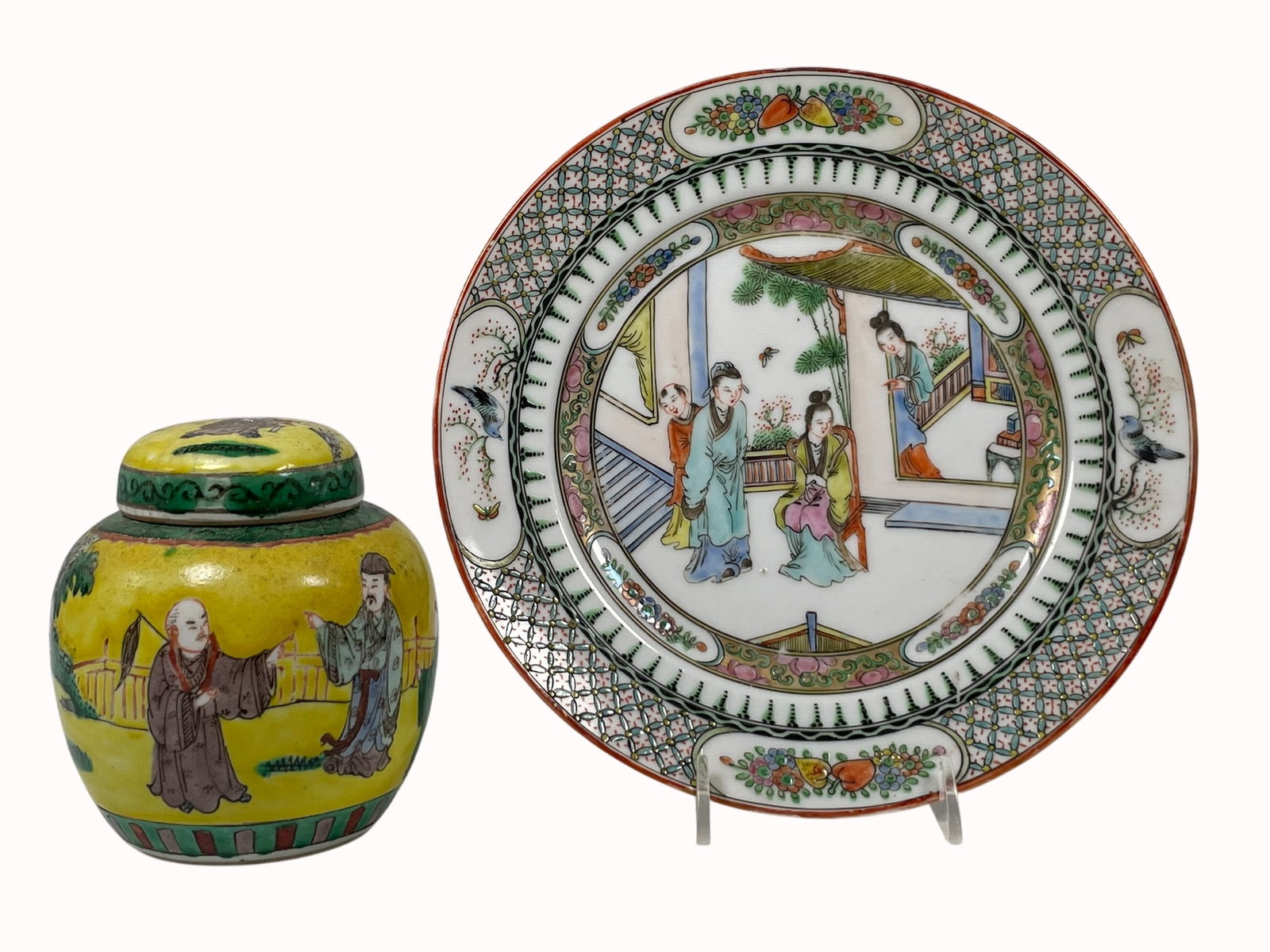 Two Chinese Porcelain Famille Rose Ware: Comprising a 'figural' dish, 8.1/2 in. diam.; and a yellow-ground 'figural' jarlet and cover, 4.3/8 in. high, 4 in. wide.