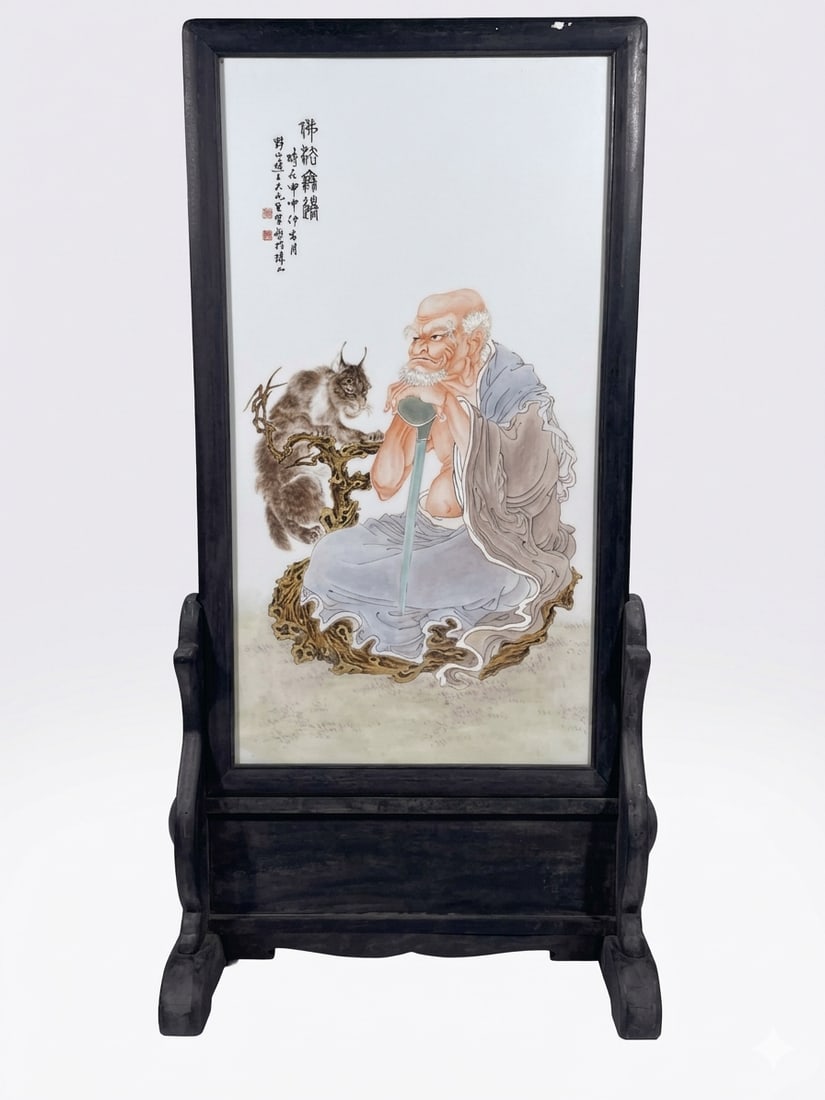 A Chinese Famille Rose Porcelain Panel Mounted on a Wood Screen, a Signature Wang Dafan (1 of 10)