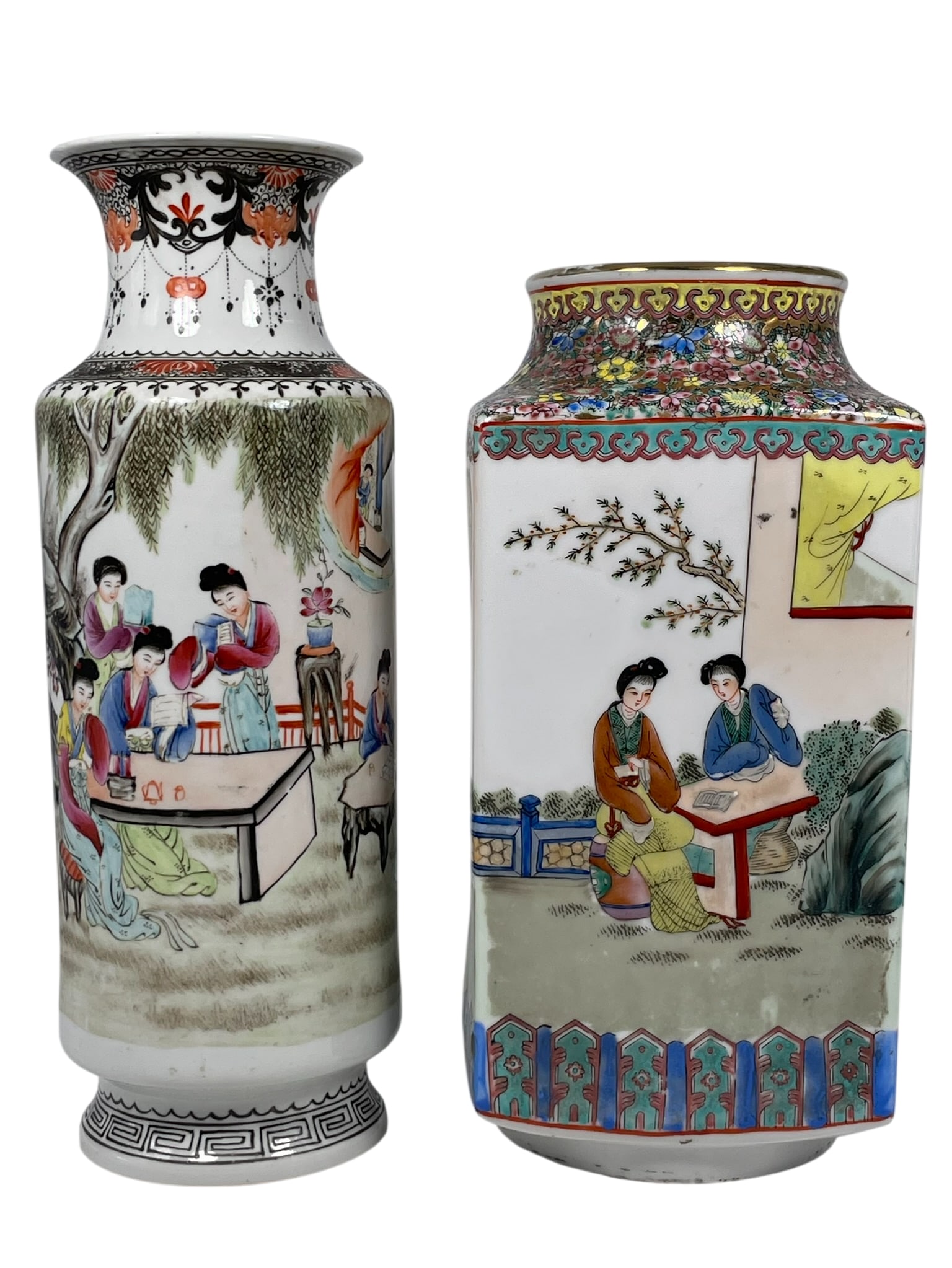 Two Chinese Famille Rose 'Ladies' Porcelain Vases, 20th Century: The taller vase measures 13.3/4 in. high, 5 in. wide; the cong-form vase measures 12.1/4 in. high, 5.3/4 in. square.