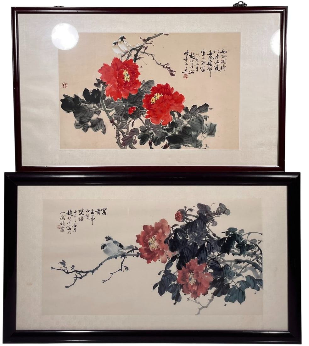 Two Painting/Print of Bird and Flower, Zhao Songquan: Comprising a painting, ink and color on paper, signed by the artist, completed by his age of seventy-five, the year of Wuchen (1988), 27 in. x 17.1/4 in. for the painting, 40.1/2 in. x 24.1/2 in. over