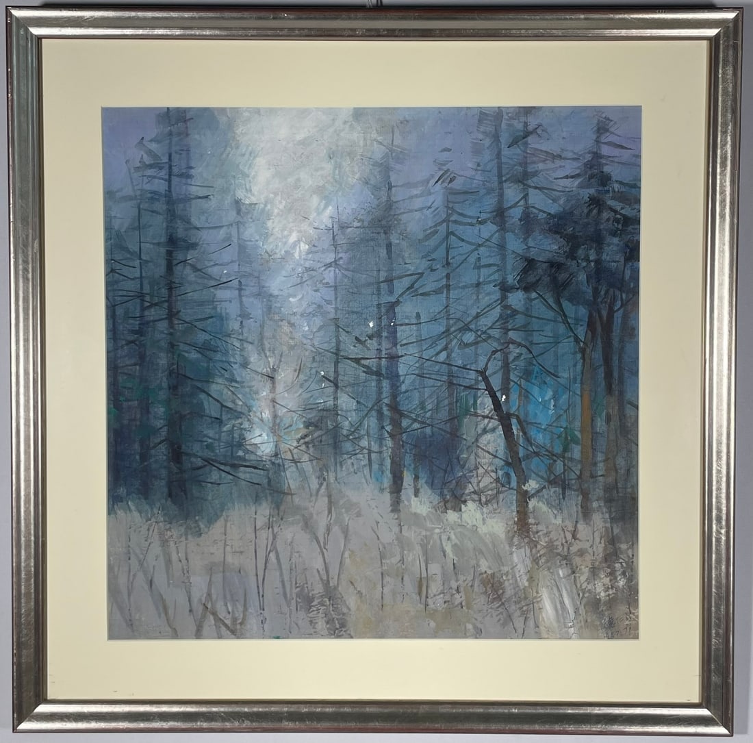 A Chinese Painting of Silver and Blue Forest, a Signature De Ren, 1987: Signed and dated by the artist on lower right. 19 in. square (sight), 25.1/2 in. square (frame).