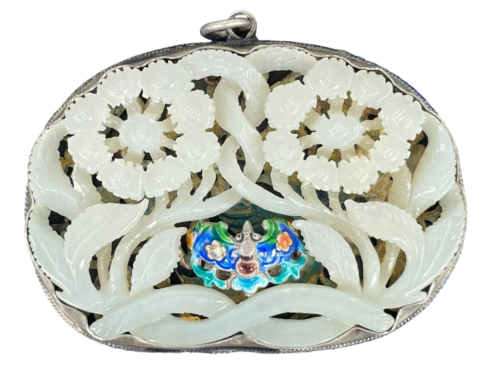 A Chinese Reticulated White Jade Inset Silver Enamel Plaque: 2.1/8 in. high, 2.7/8 in. wide.