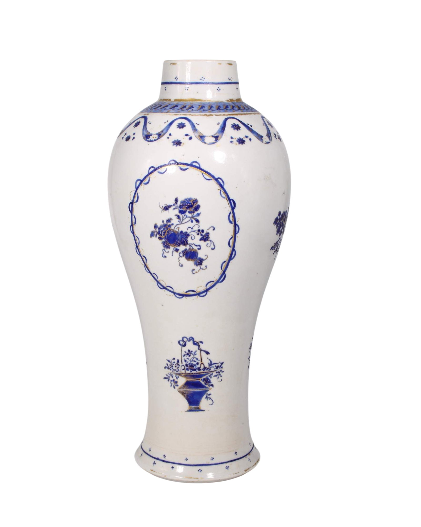 A Chinese Blue and Gilt-Decorated Vase, Qianlong Period, Qing Dynasty: 13.5 in. high, 5.5 in. wide.