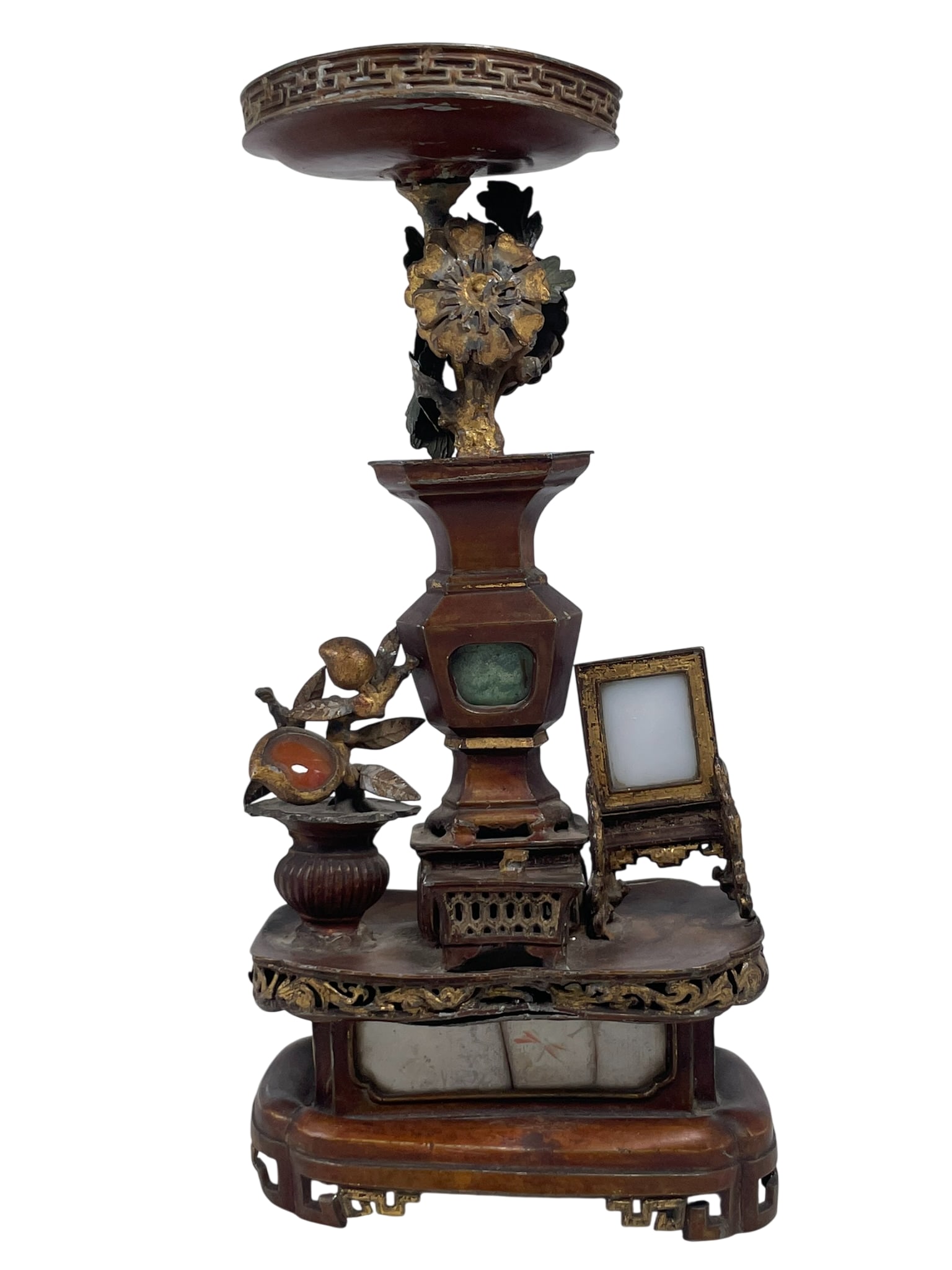A Chinese Small Mixed Metal Multi-Tiered Scholar's Display Stand: 10.1/2 in. high, 5 in. wide.
