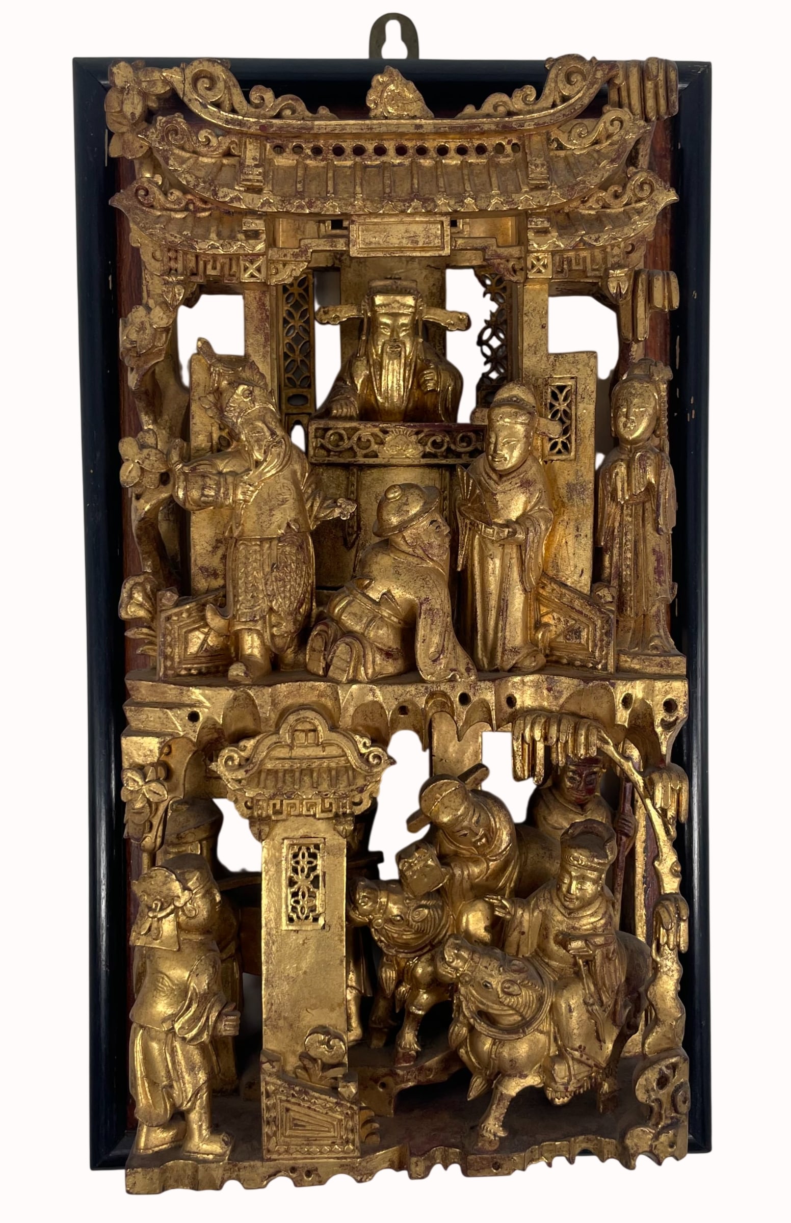 A Chinese Carved Gilt-Wood Panel: Mounted on a frame. 16.1/2 in. high, 9.1/2 in. wide, 3.1/4 in. deep.