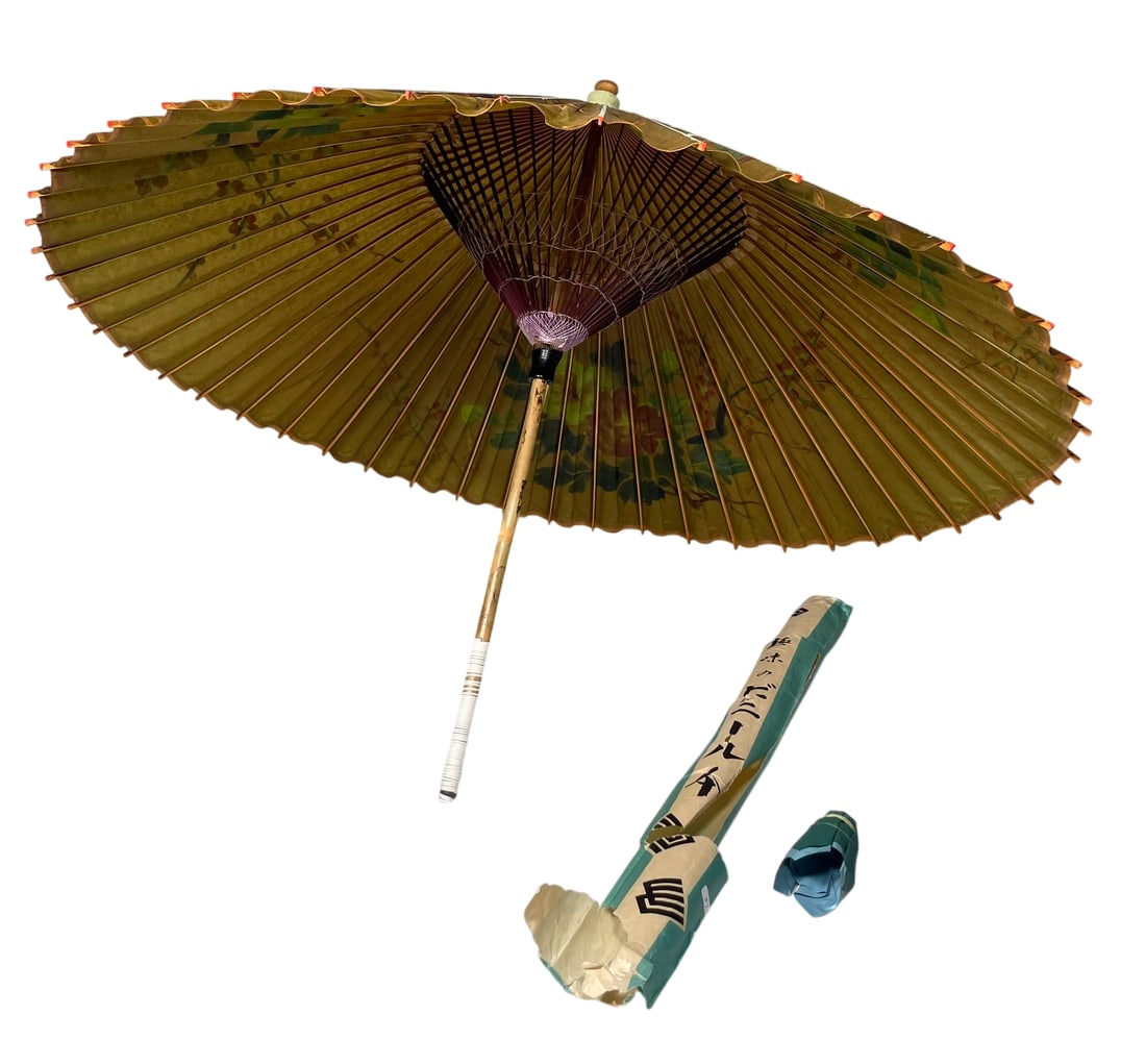 A Japanese Handmade Oiled-Paper Umbrella: 29 in. long, 3 in. wide in folding position.