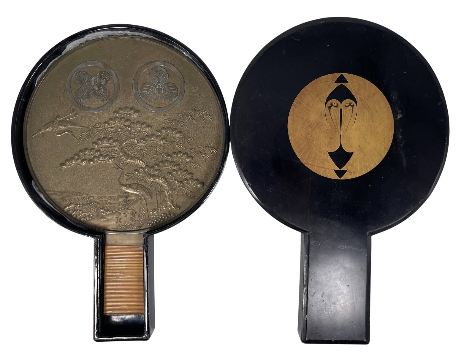 An Antique Japanese Bronze Hand Mirror (Kagami), a Fujiwara Yoshishige Mark: With a fitted lacquer box. 15.1/4 in. long, 11 in. wide for the mirror.
