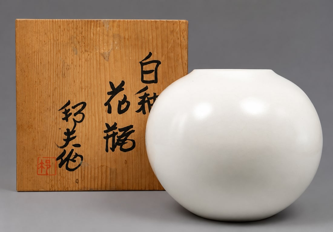 A Japanese White Glazed Jar, Kunio Uchida: Japanese wood box. A maker's mark to the bottom; a maker's signature to the cover of the Japanese wood box. The jar measures 7 in. high, 8.1/4 in. wide.